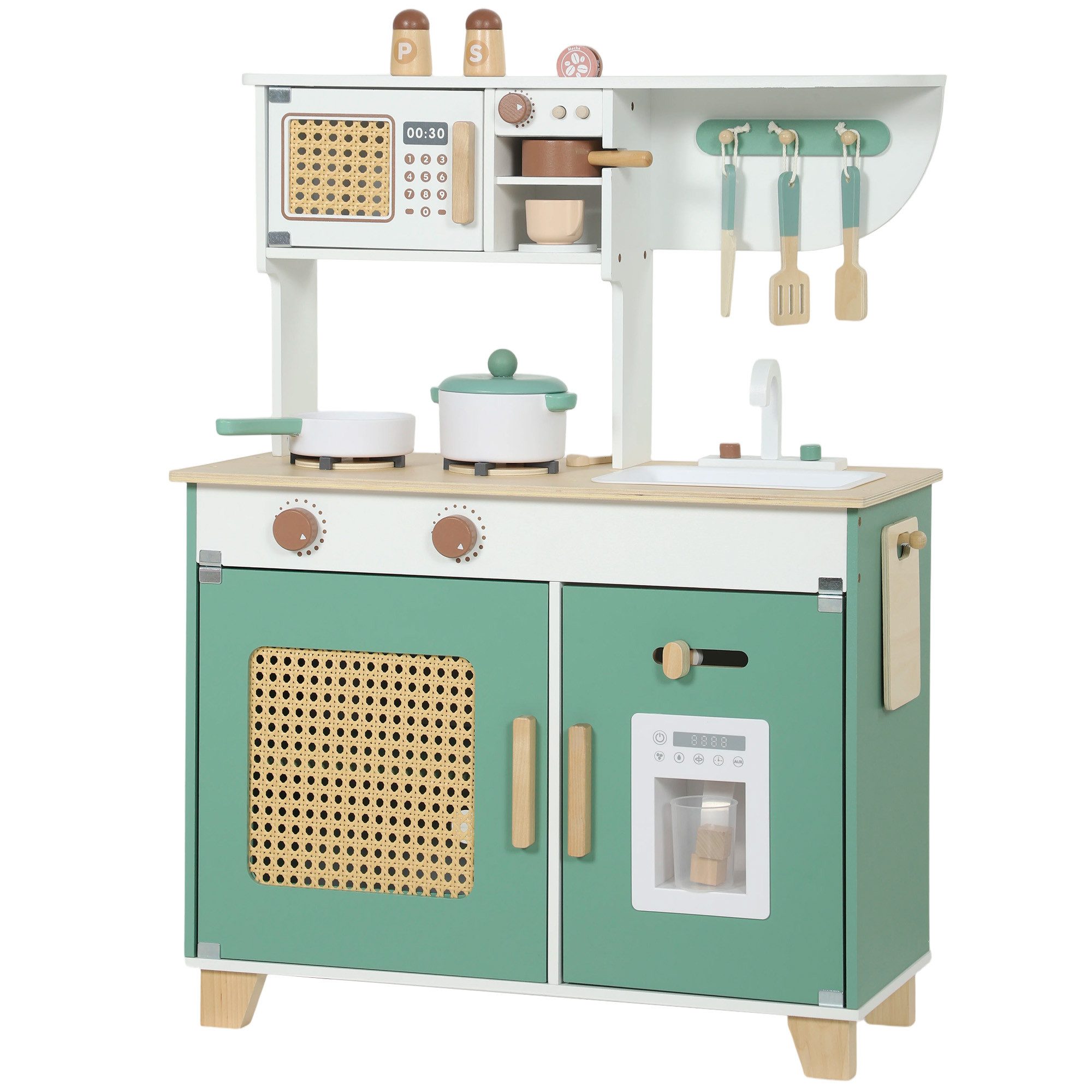 AIYAPLAY Spielküche mit Kaffeemaschine Eiswürfelspender Schrank Herd Wasserhahn MDF, Sperrholz, für Jungen Mädchen 3-6 Jahren Grün