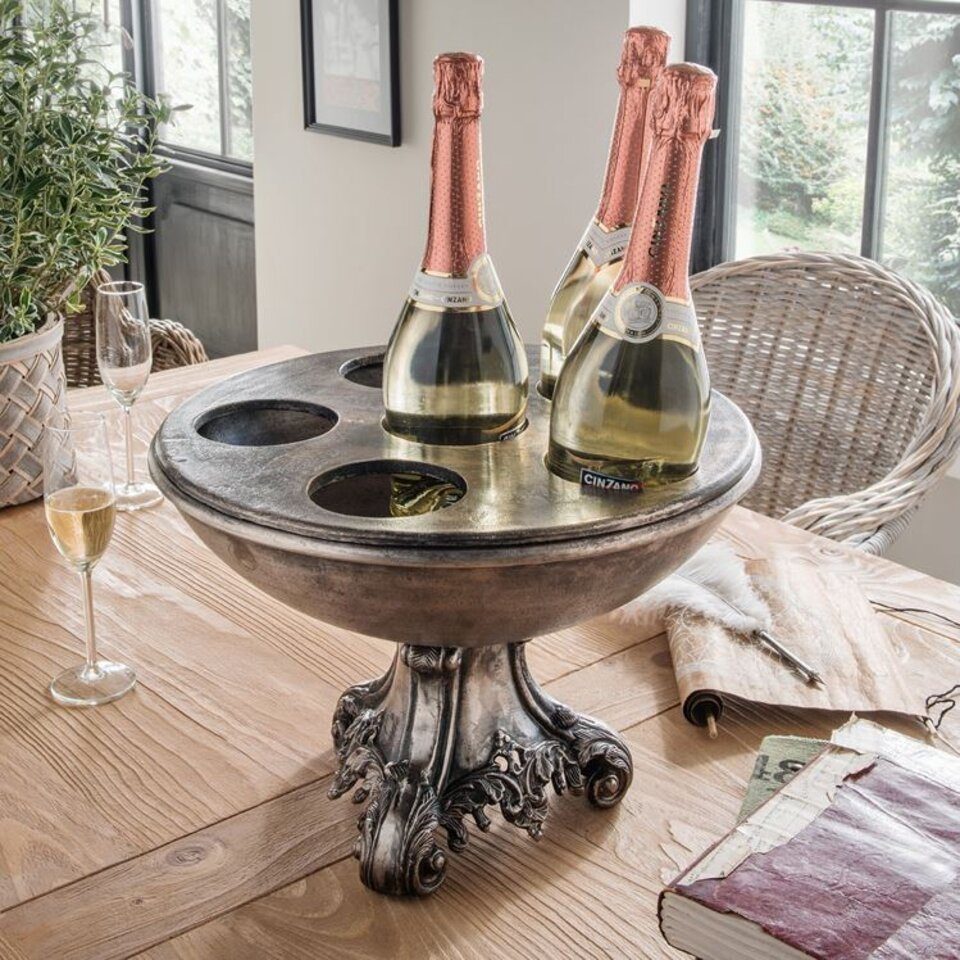 BAROCK, Metall More2Home silber-vintage Kühler Schale Champagner/Wein- und 6 Flaschen, für Dekoobjekt