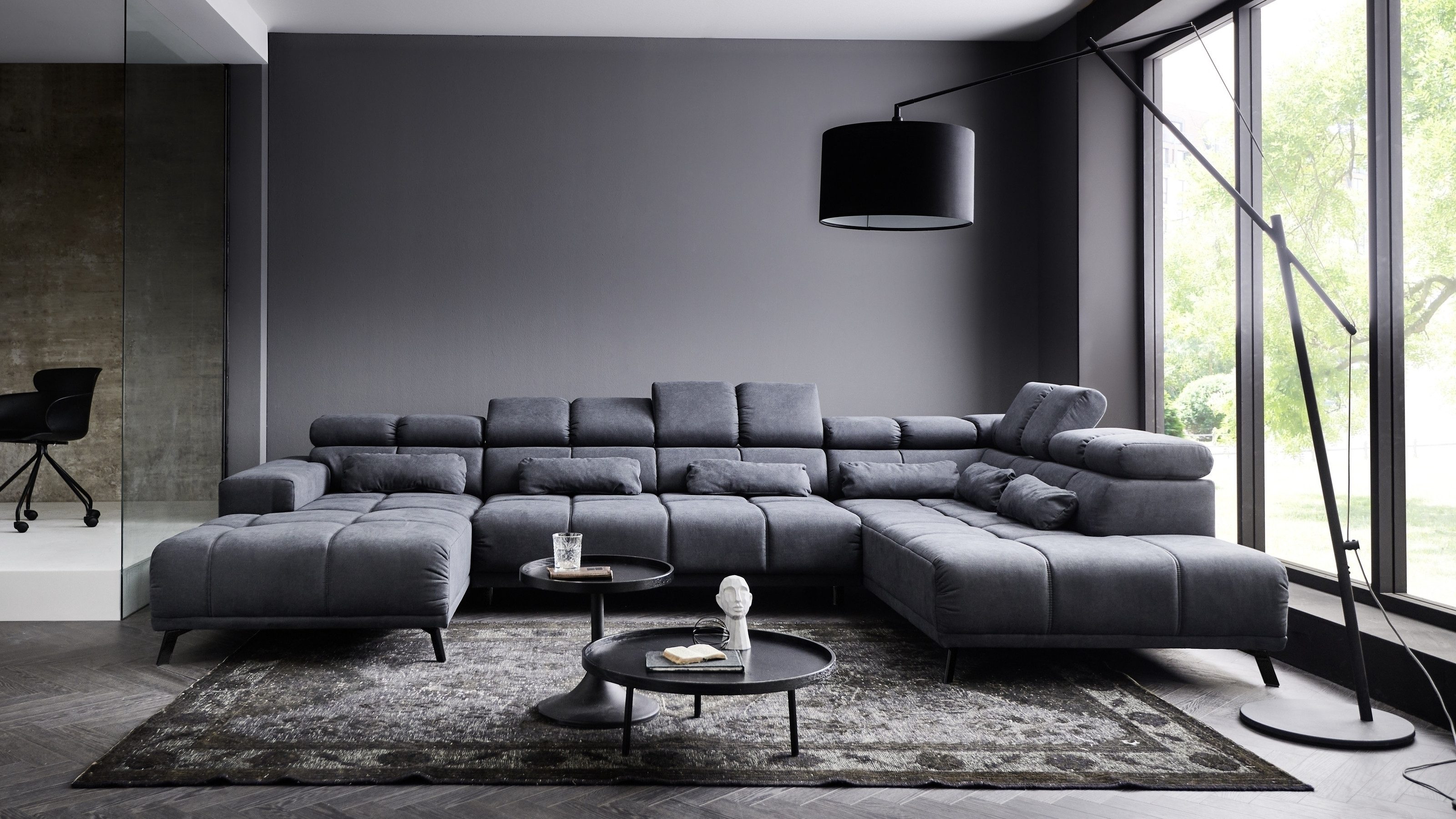 Iwaniccy Wohnlandschaft U-Form, Kopfteilverstellungen, Kissen, dunkelgrau - 375x99x231 (BxHxT)