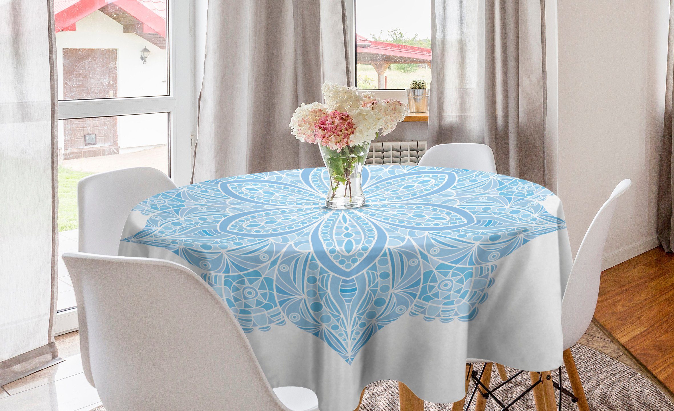 Abakuhaus Tischdecke Blumenverzierung Abdeckung Tischdecke Küche Blauer Esszimmer Mandala für Kreis Dekoration
