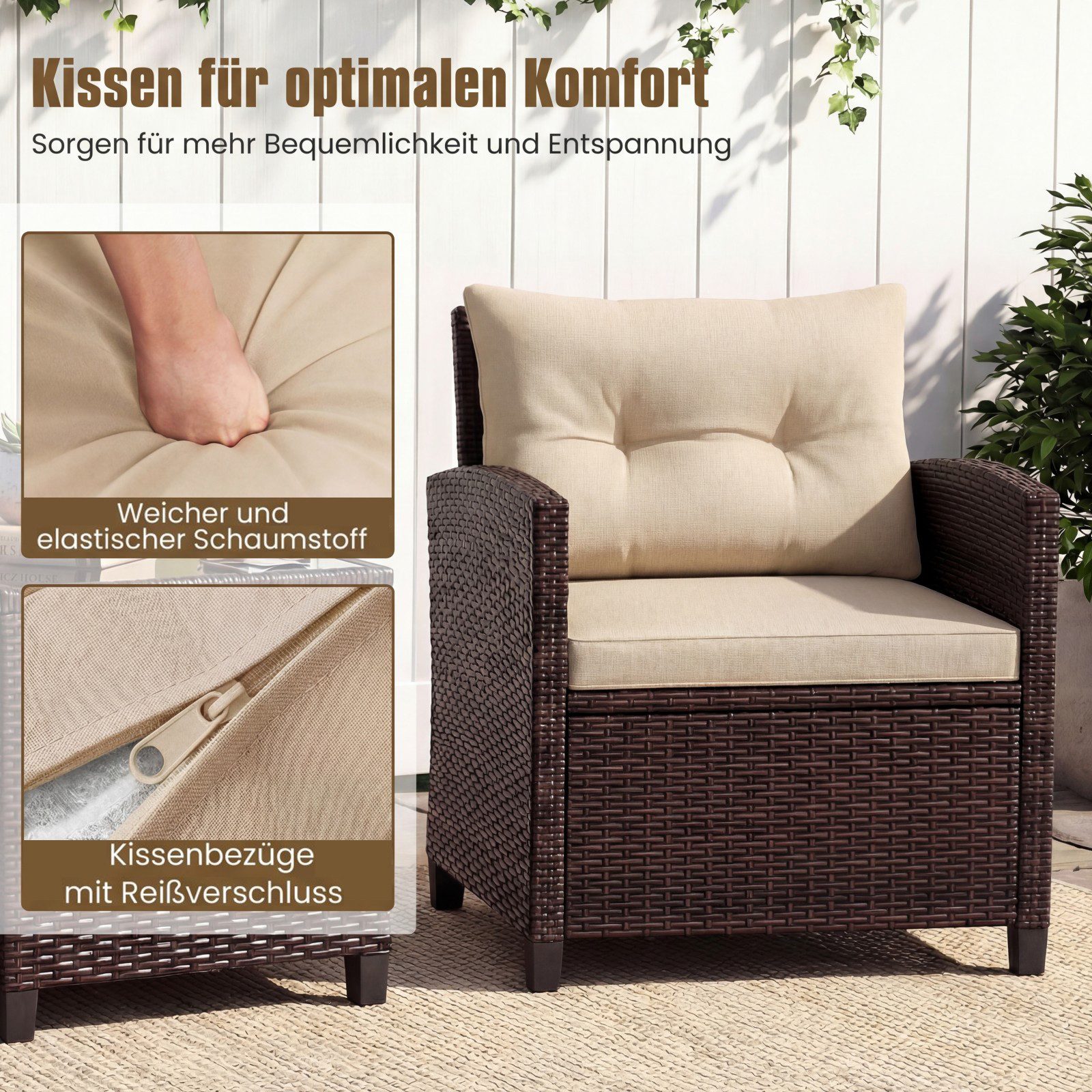 COSTWAY Gartenlounge-Set, (3-tlg., 2 Sessel & 1 Tisch), Rattan mit Kissen, Balkonset