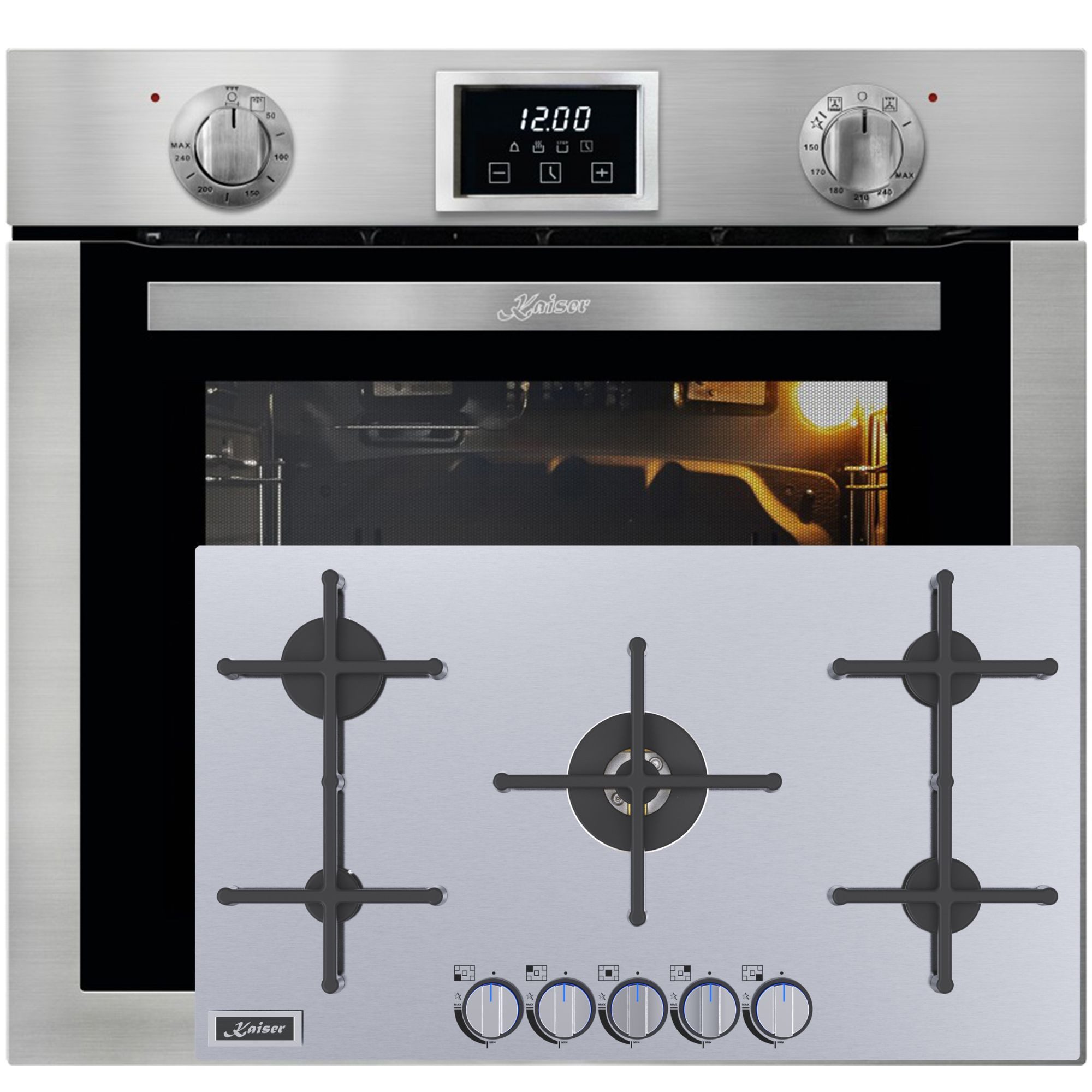 Kaiser Küchengeräte Backofen-Set Herd Set Autark Einbau Gasbackofen Autark, 79L, Grill, Drehspieß+Gas-Kochfeld 90 cm Edelstahl mit Anti touch-Effekt, Magnetische Gusseisen Topfhalter, Geeignet für Erdgas & Flüssiggas EG 6372+KG 9236 Turbo, mit 1-fach-Teleskopauszug