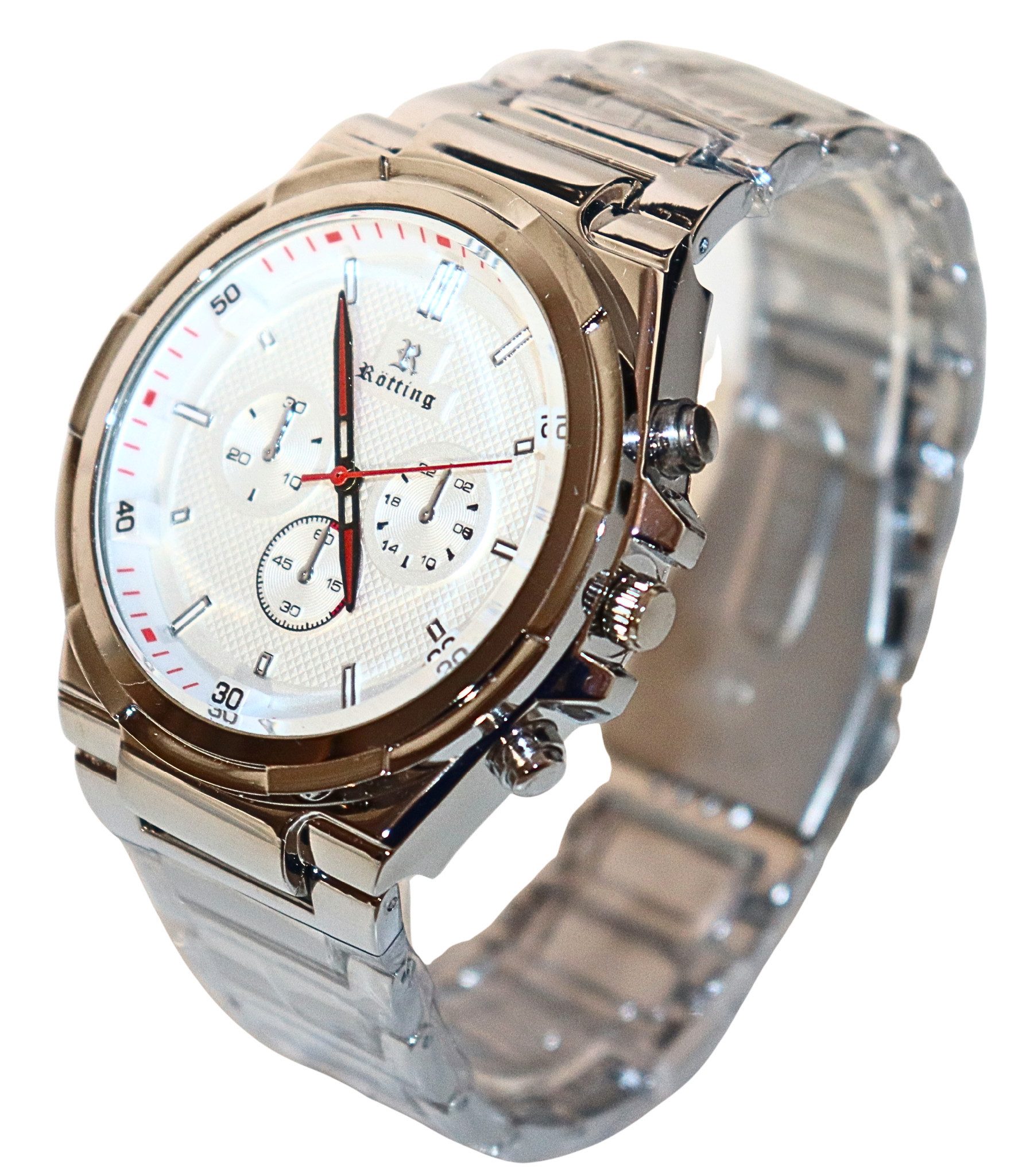 Rötting Design Quarzuhr Herrenuhr weißes Ziffernblatt in Chrono-Look Design silberfarben, aus der Collection "Rötting", Handgelenkumfang 18 bis 24 cm wählbar