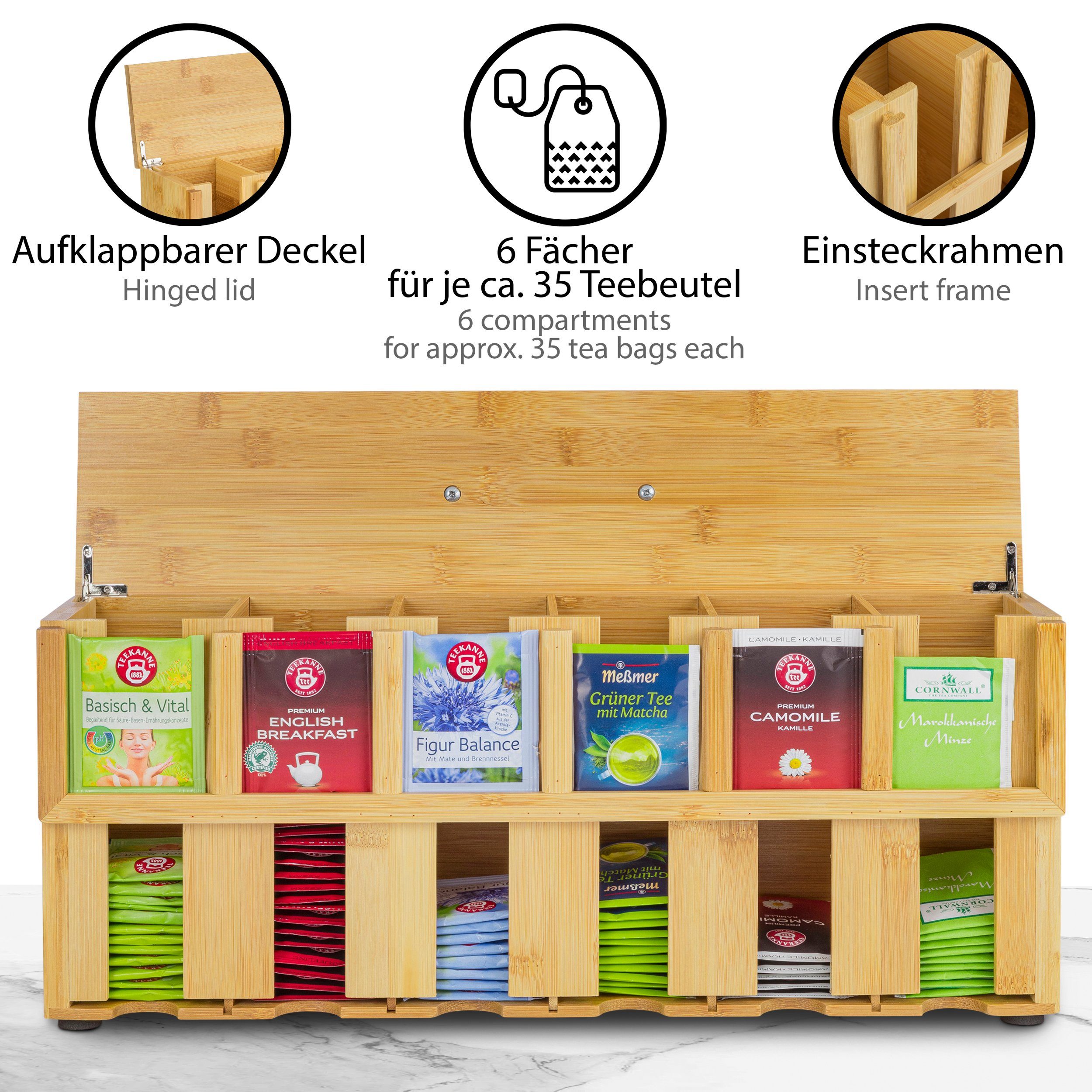 ONVAYA Teebox Teebox aus Holz, Teekiste mit 6 Fächern, Teebeutelbox, Bambus