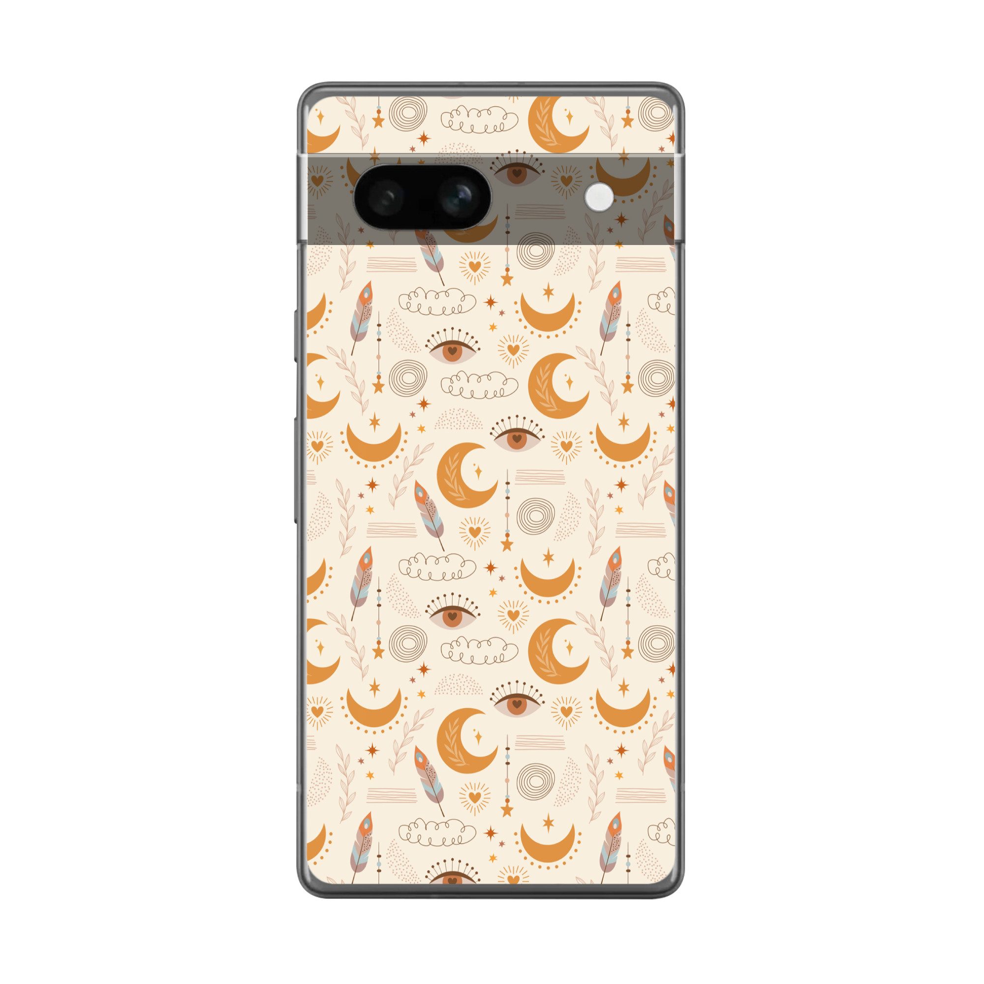 MuchoWow Handyhülle für Google Pixel 7a Boho - Druck - Augen - Mond - Federn - Beige, Handy Case, Silikon, Bumper Case Dünn