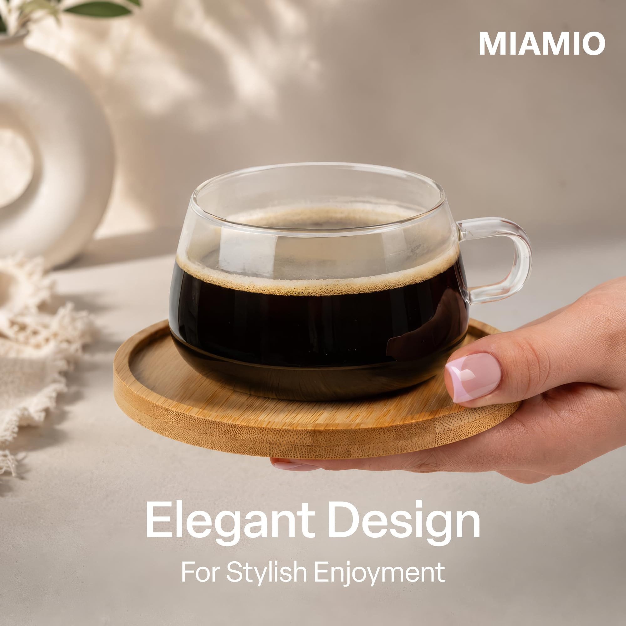 MiaMio Cappuccinotasse Olea, 280 ml, 4-tlg., Glas, mit Bambus-Untersetzer