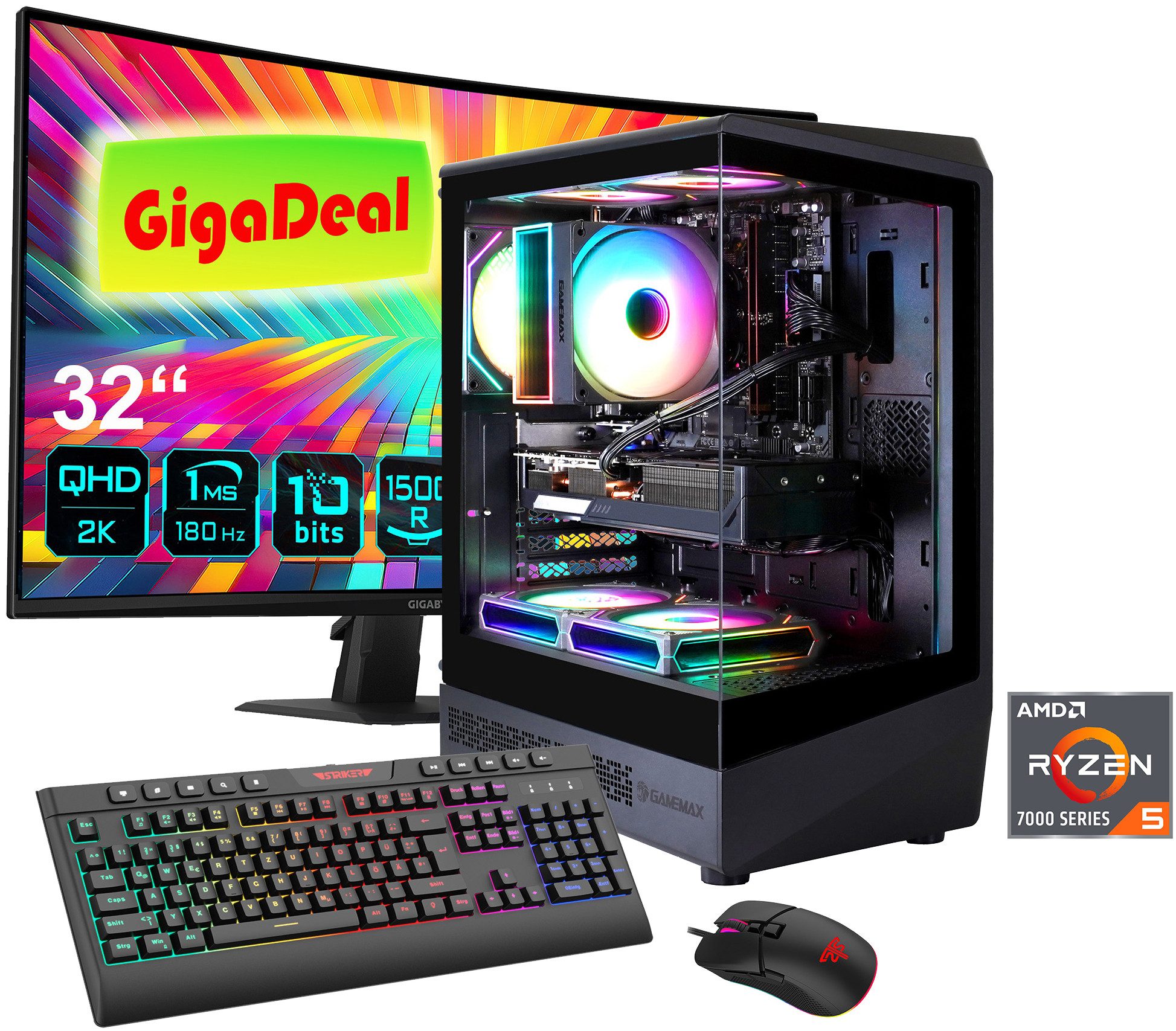 GAMEMAX GigaDeal VISTA COC AB 2794 Ryzen 5 7500F 16GB DDR5 1TB SSD RX 9070 Gaming-PC-Komplettsystem (32", AMD Ryzen 5 7500F, RX 9070, 16 GB RAM, 1000 GB SSD, Windows 11, DDR5 RAM + Gigabyte GS32QCA LED-Monitor Curved, 80 cm 32)