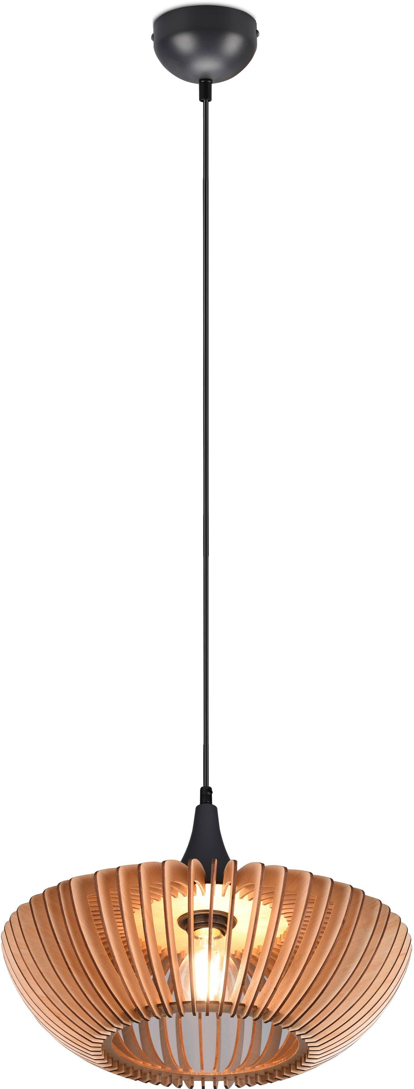 TRIO Leuchten Pendelleuchte Colino, mit Lichteffekte Ø40cm exkl 1xE27, warmweiß (Ø Leuchtmittel, sorgt bis ohne einzigartige für kaltweiß, des 40 - 150cm, cm) Holzschirms Holzschirm Lamellen-Design höhenverstellbar Hängelampe