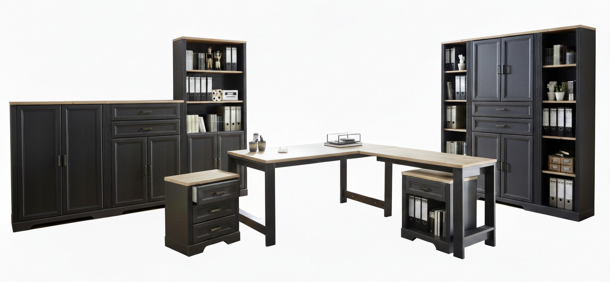 Innostyle Büromöbel-Set Komplettbüro Landhaus Büro-Set JASMIN 9-teilig Farbton Graphit, (Komplett-Set, 9-tlg., 4x Büroschrank, 2x Büroregal, 1x Eckschreibtisch, 2x Rollcontainer)