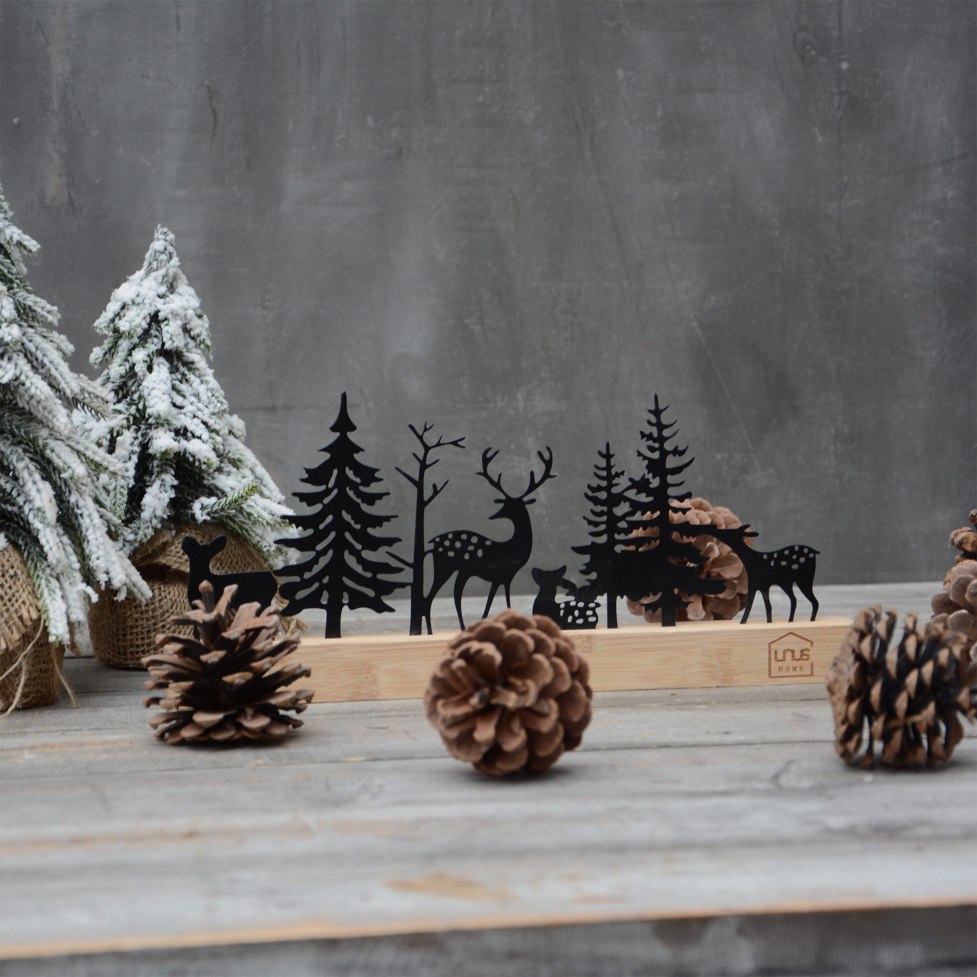 UNUS HOME Dekofigur Aufsteller Wald Hirsch, Rehe Silhouette (schwarz), Wald-Silhouette aus Metall und Bambus-Holz Wohndekoration – Bild 3 von 4