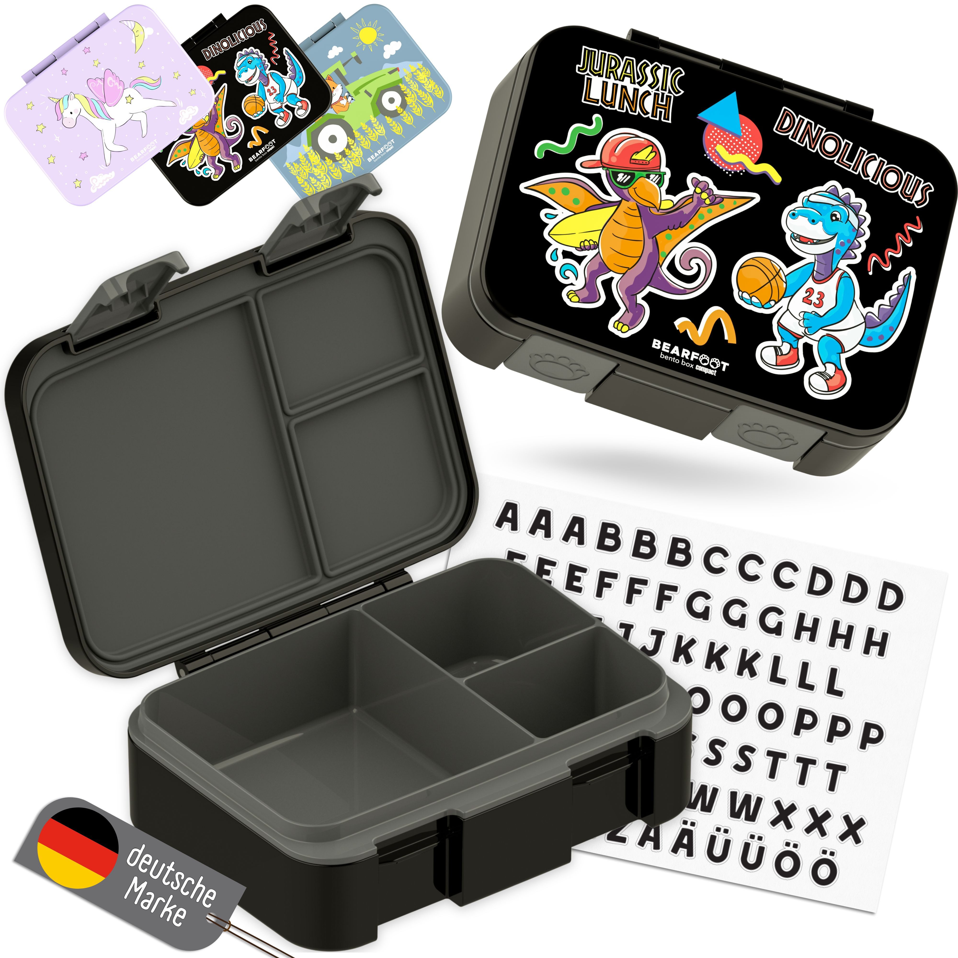BEARFOOT Lunchbox Brotdose mit Fächern, leicht & auslaufsicher - Dinos schwarz, PP, ABS, Silikon, Kindergarten und Schule - Mädchen und Jungen, Vesperbox, Snackbox