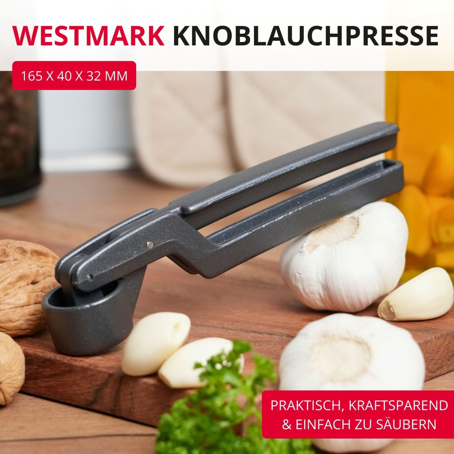 WESTMARK Knoblauchpresse Novapress Black Edition – Ergonomische Premium Mehrzweckpresse, Aluminium, griffige Haptik, spülmaschinengeeignet