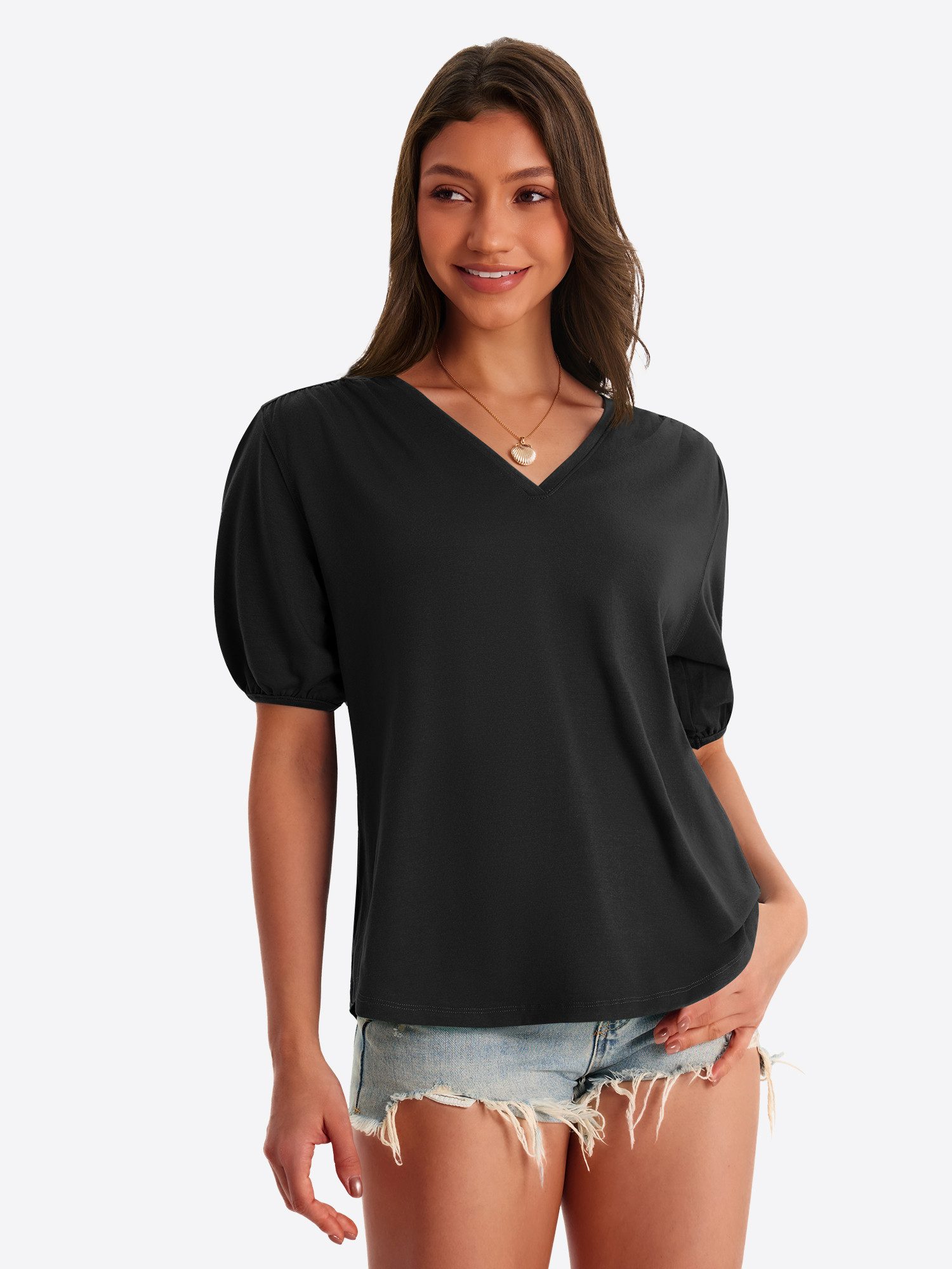 T-Shirt Damen Puffbluse mit V-Ausschnitt