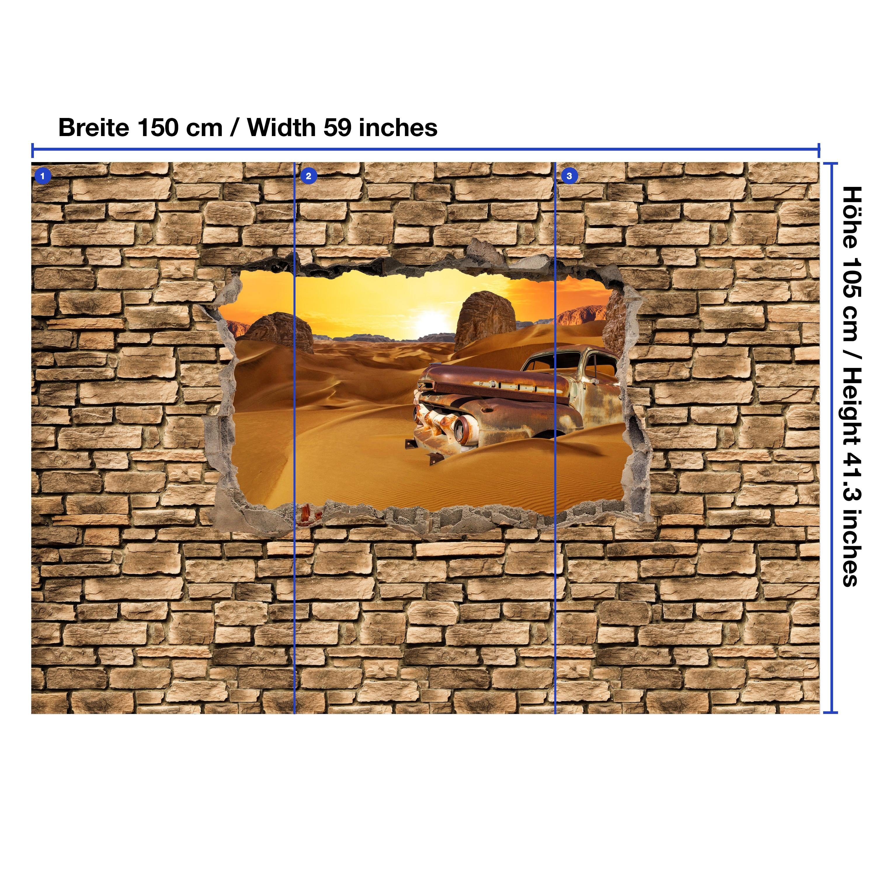 3D -Steinmauer, Fototapete Motivtapete, in Wandtapete, Wüste wandmotiv24 Vliestapete Altes matt, glatt, Auto der
