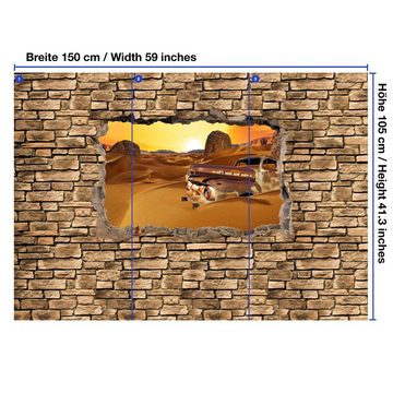 wandmotiv24 Fototapete 3D Altes Auto in der Wüste -Steinmauer, glatt, Wandtapete, Motivtapete, matt, Vliestapete