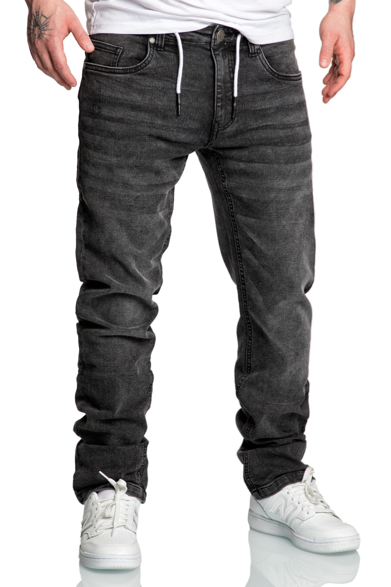 Amaci&Sons Straight-Jeans COPPELL Sweathose im Denim Look Herren Sweathose in Stretch Denim Basic Jeans Kordel – Bild 3 von 5