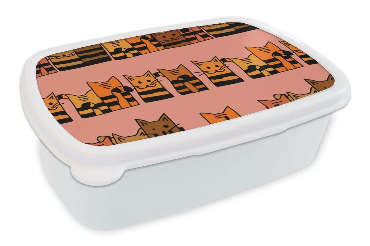 MuchoWow Lunchbox Katzen - Muster - Tiere - Kinder, Kunststoff, (2-tlg), Brotbox für Kinder und Erwachsene, Brotdose, für Jungs und Mädchen weiß