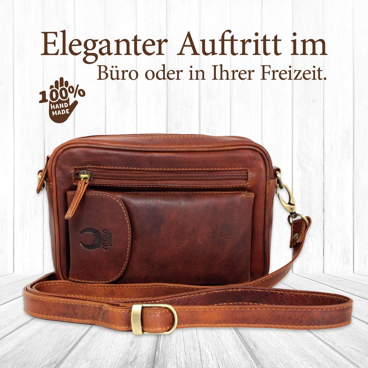 Corno d´Oro Handgelenktasche Handmade Umhängetasche Herren Echt Leder Vintage Braun klein, für Mini Tablet bis 8 Zoll; mit abnehmbarem Schultergurt