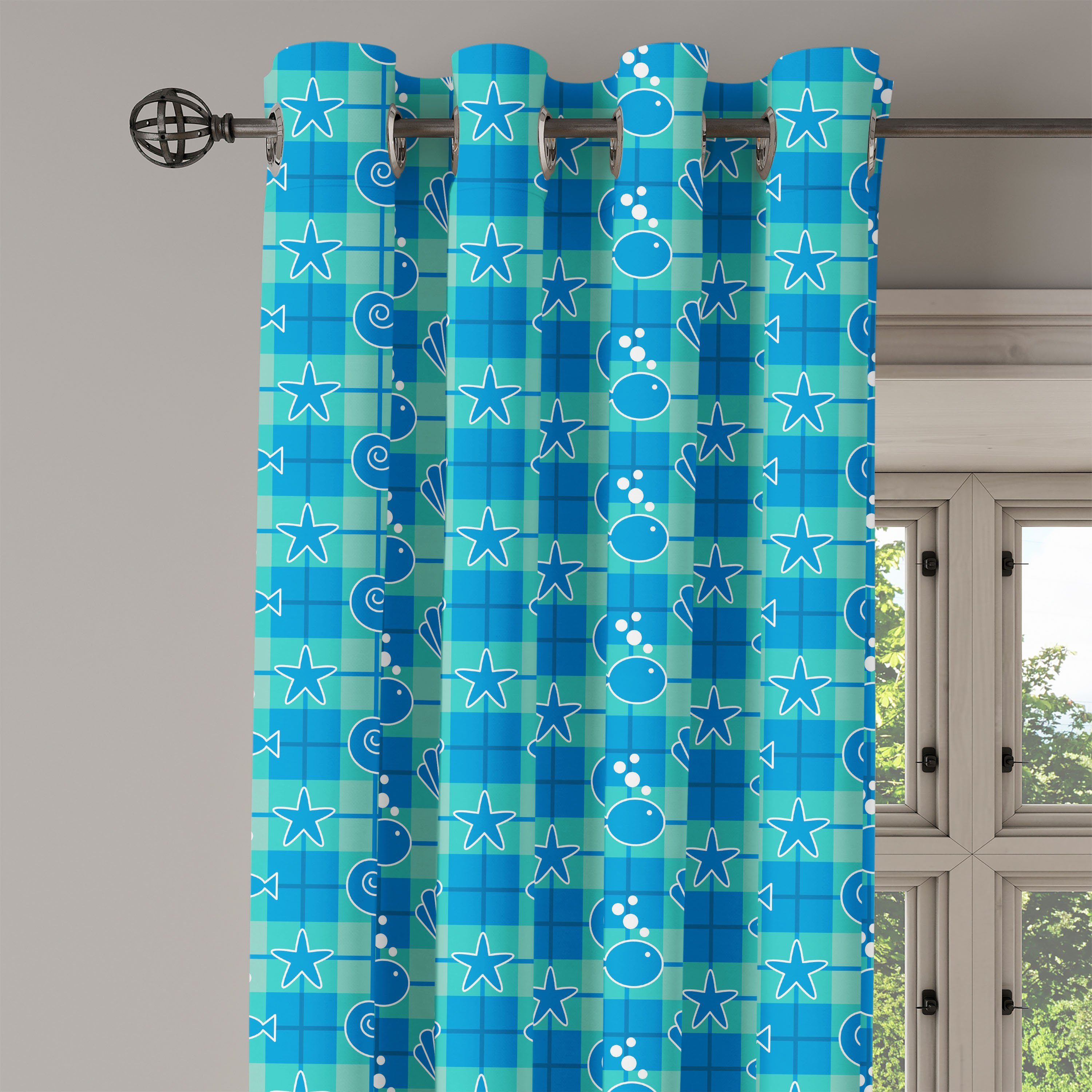 Dekorative Abakuhaus, Wohnzimmer, Sea Plaid-Muster Schlafzimmer Shells 2-Panel-Fenstervorhänge Meer Gardine für