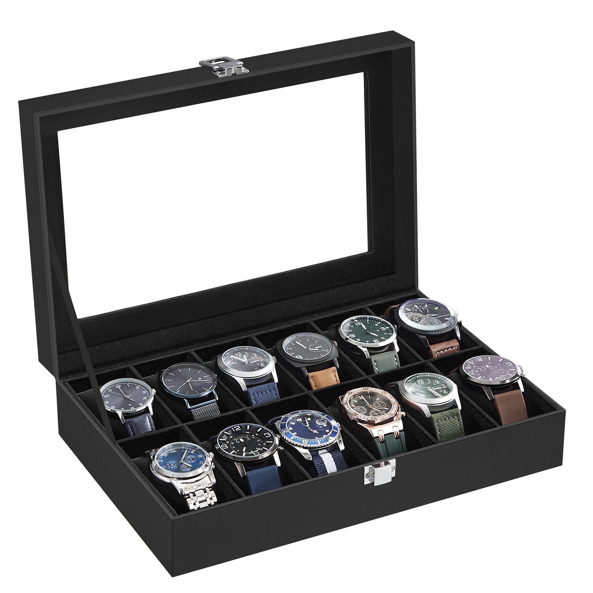 SONGMICS Uhrenbox 12 Fächern, Uhrenkasten, Premium-Uhrenschatulle, 20,2 x 30,2 x 7,8 cm, herausnehmbaren Uhrenkissen, PU-Bezug in Schwarz,Samtfutter in Schwarz