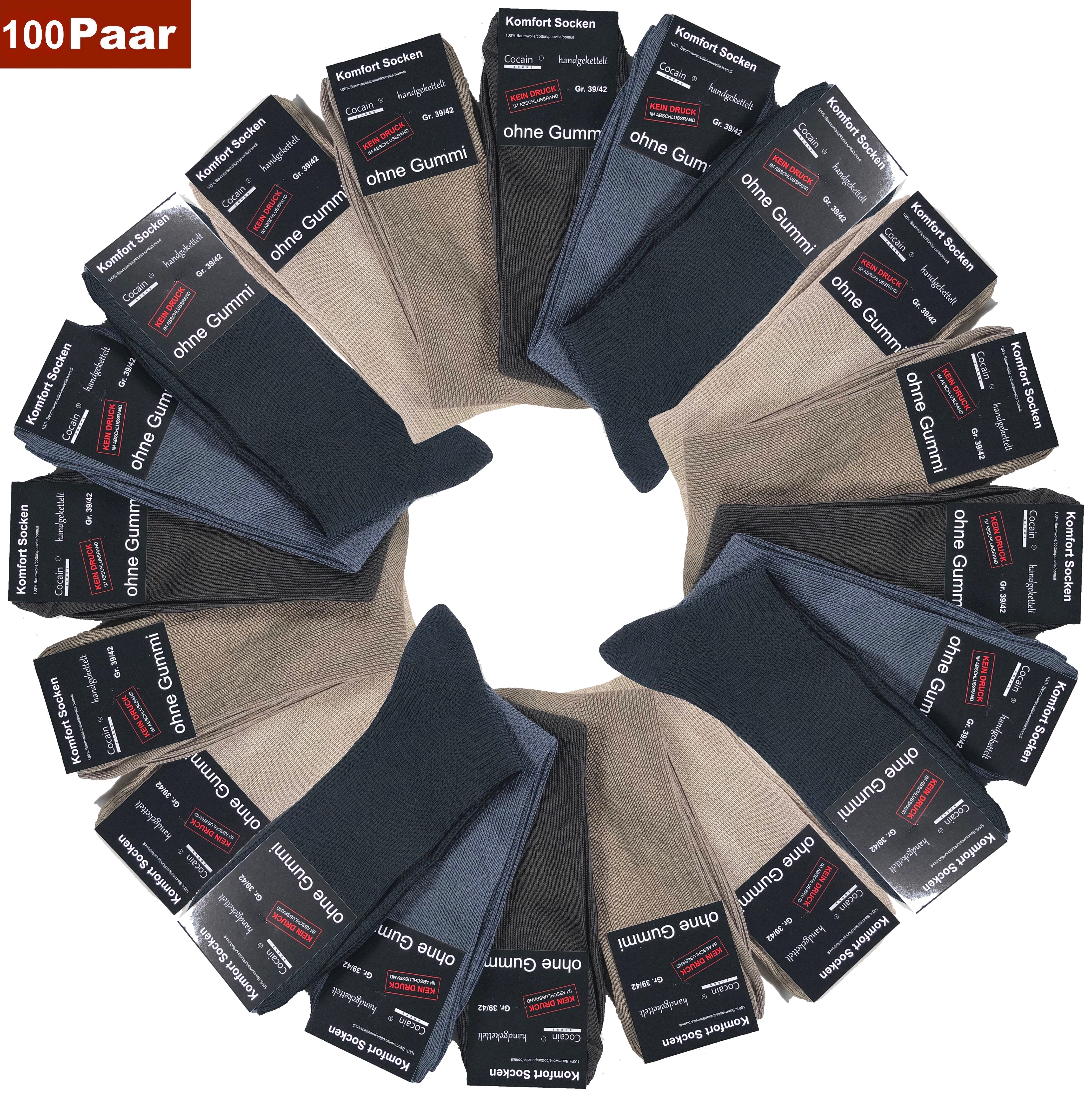 Cocain underwear Diabetikersocken Herren Damen Socken ohne Gummi Gesundheits-Socken farbig 100 Baumwolle (Spar-Set, 100-Paar) handgekettelte Spitze - ohne drückende Naht