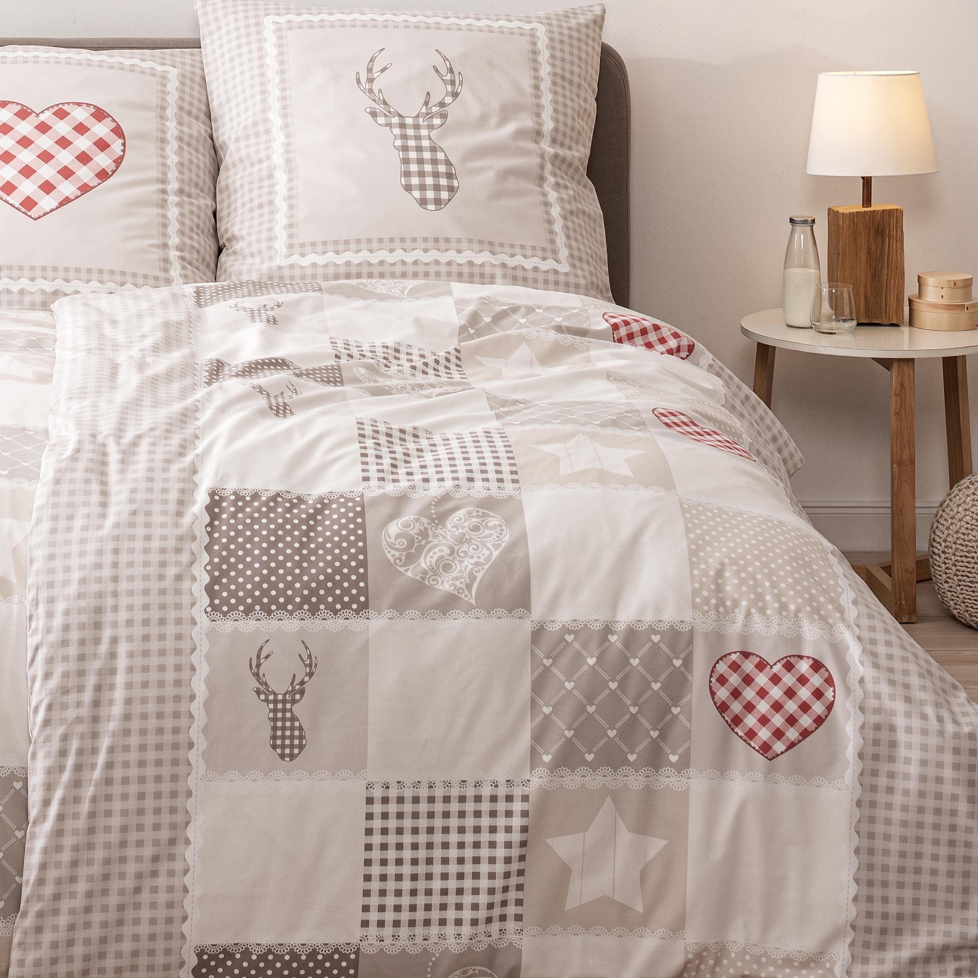 MTOnlinehandel Bettwäsche Landhaus Vintage 135x200 + 80x80 cm 2 tlg., 100% Baumwolle in Renforcé, Renforcé, 2 teilig, Oktoberfest Partnerbettwäsche mit Herzen, Sternen & Hirschen