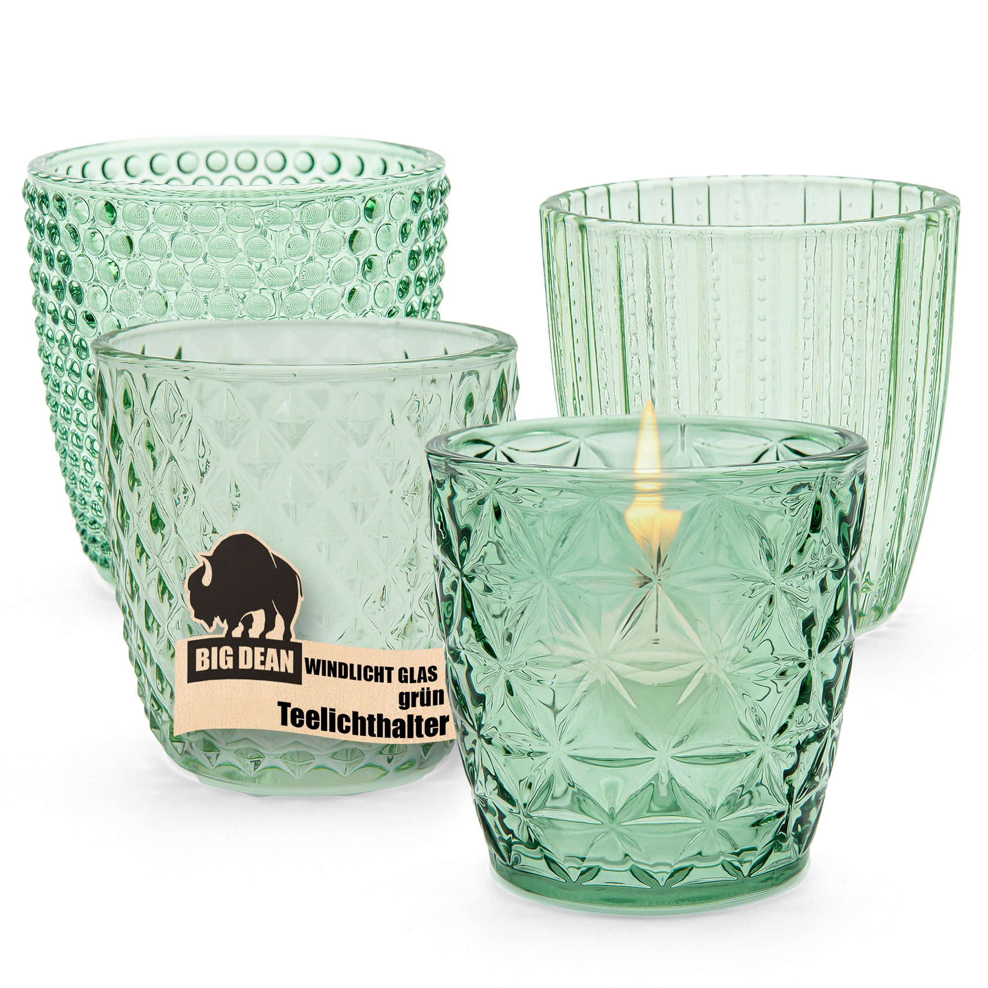 BigDean Teelichthalter Windlicht Glas grün Teelichthalter 4er Set Teelichthalter (Set, 4 St., Teelichtglas), Teelicht aus Glas mit dem gewissen Flair