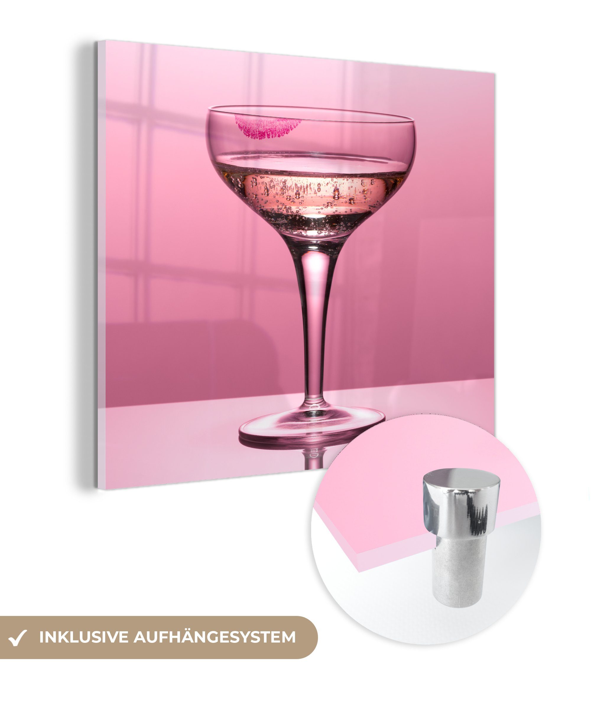 MuchoWow Acrylglasbild Nahaufnahme eines Sektglases mit Lippendruck, (1 St), Glasbilder - Bilder auf Glas Wandbild - Foto auf Glas - Wanddekoration