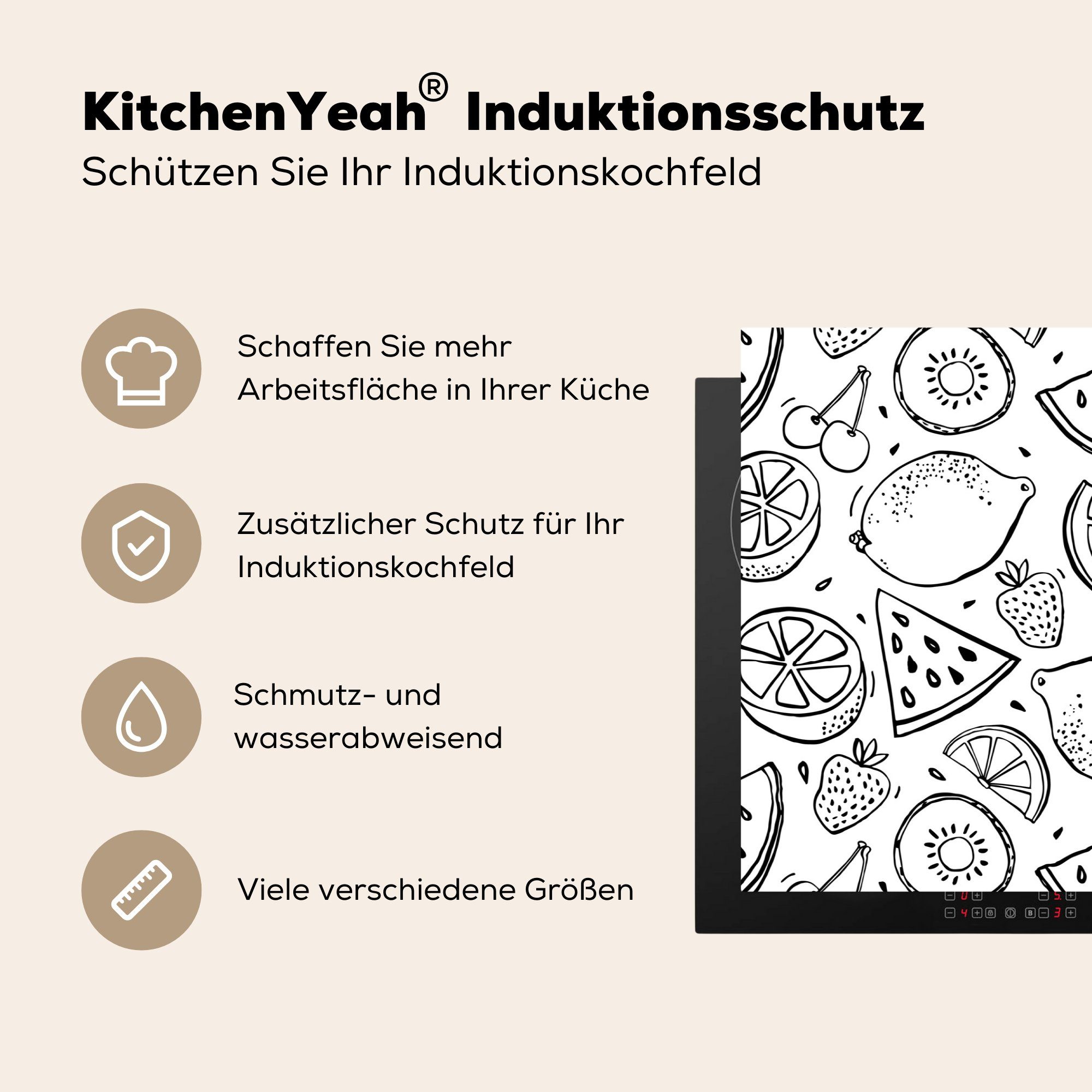MuchoWow Herdblende-/Abdeckplatte Erdbeere küche, Induktionskochfeld Kiwi Ceranfeldabdeckung (1 die - Schwarz - Muster 81x52 Vinyl, für Schutz - Weiß, cm, tlg), 