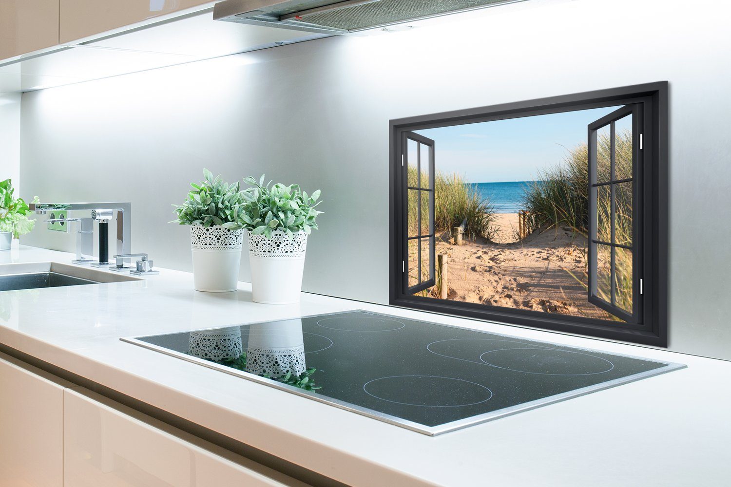 MuchoWow Küchenrückwand Durchblick küchen Wasser cm, - - Wandschutz, - 60x40 Sand Dünen, aus Meer - Strandhafer Herdblende Strand (1-tlg), - Temperaturbeständig 