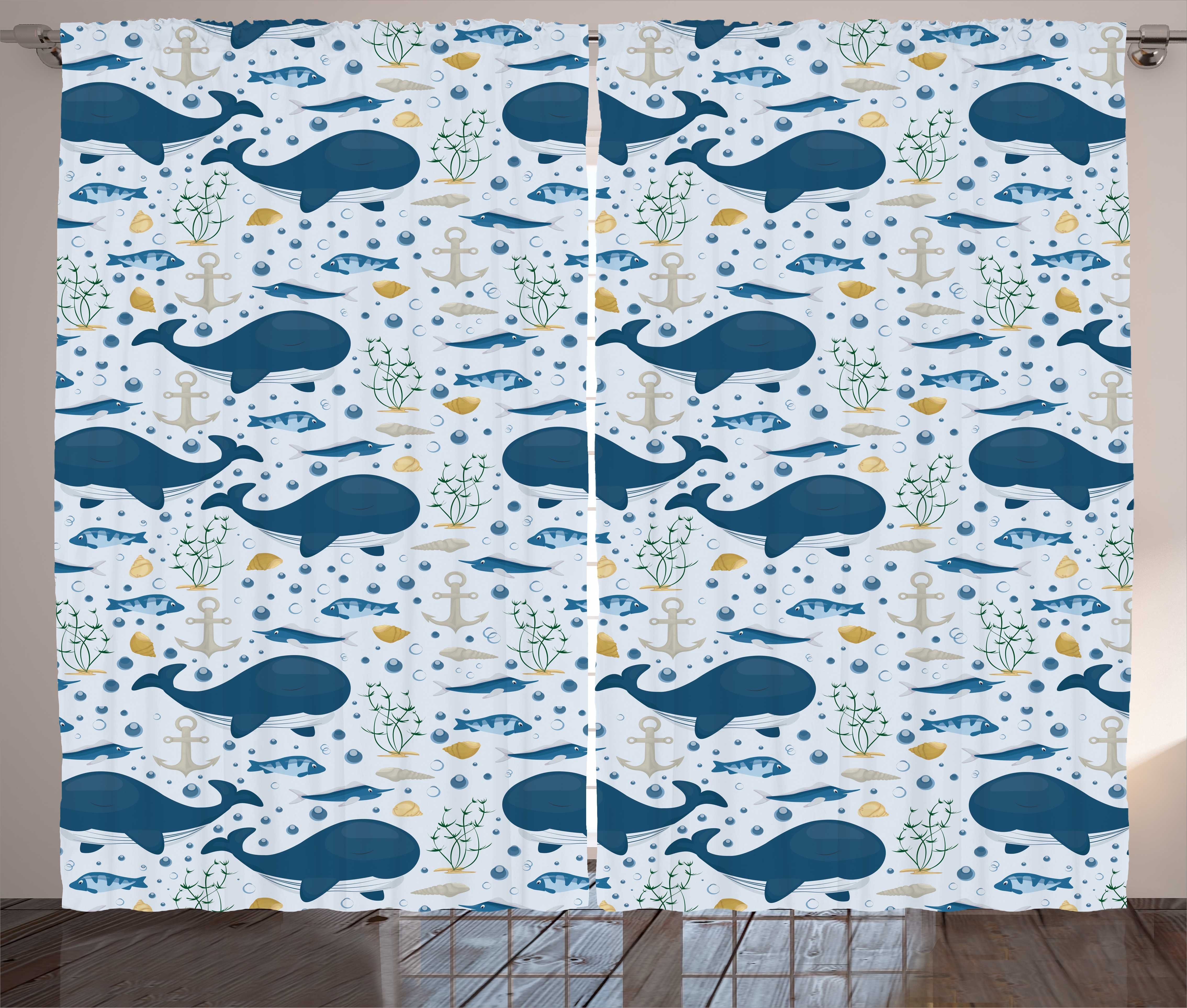 Big Kräuselband Haken, Size Fisch-Motiv Schlaufen Wal Säugetier Abakuhaus, Vorhang mit Schlafzimmer und Gardine