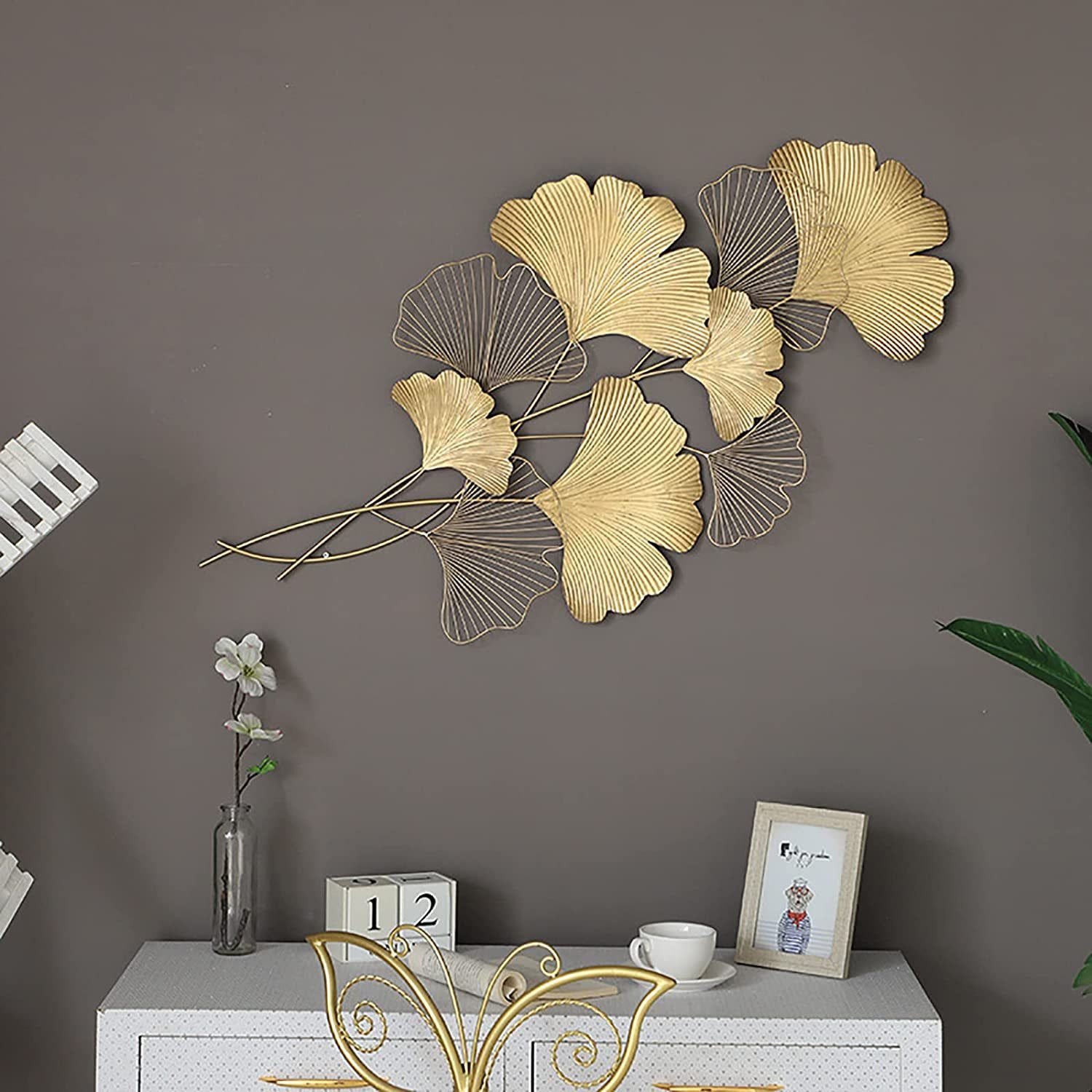 Wohnzimmer, Blätter Wandskulptur Vicbuy Schlafzimmer, Wanddeko, Wandmalerei, für Deko) Moderne Wandverzierung, Esszimmer, Ginkgo aus Ginkgo Wanddekoration (Schmiedeeisen Wanddekoobjekt Wandkunst, Metall, 3D