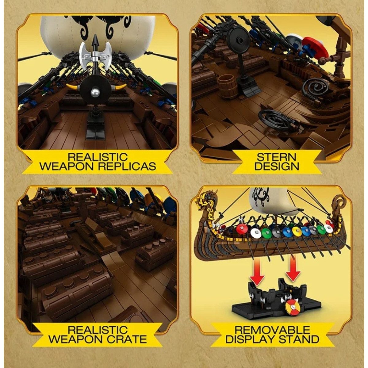 Reobrix 66101 Spielbausteine, (Klemmbaustein Set, 2547 St., Bausatz), Großes Langschiffmodell mit Stoffsegel und Präsentationsständer