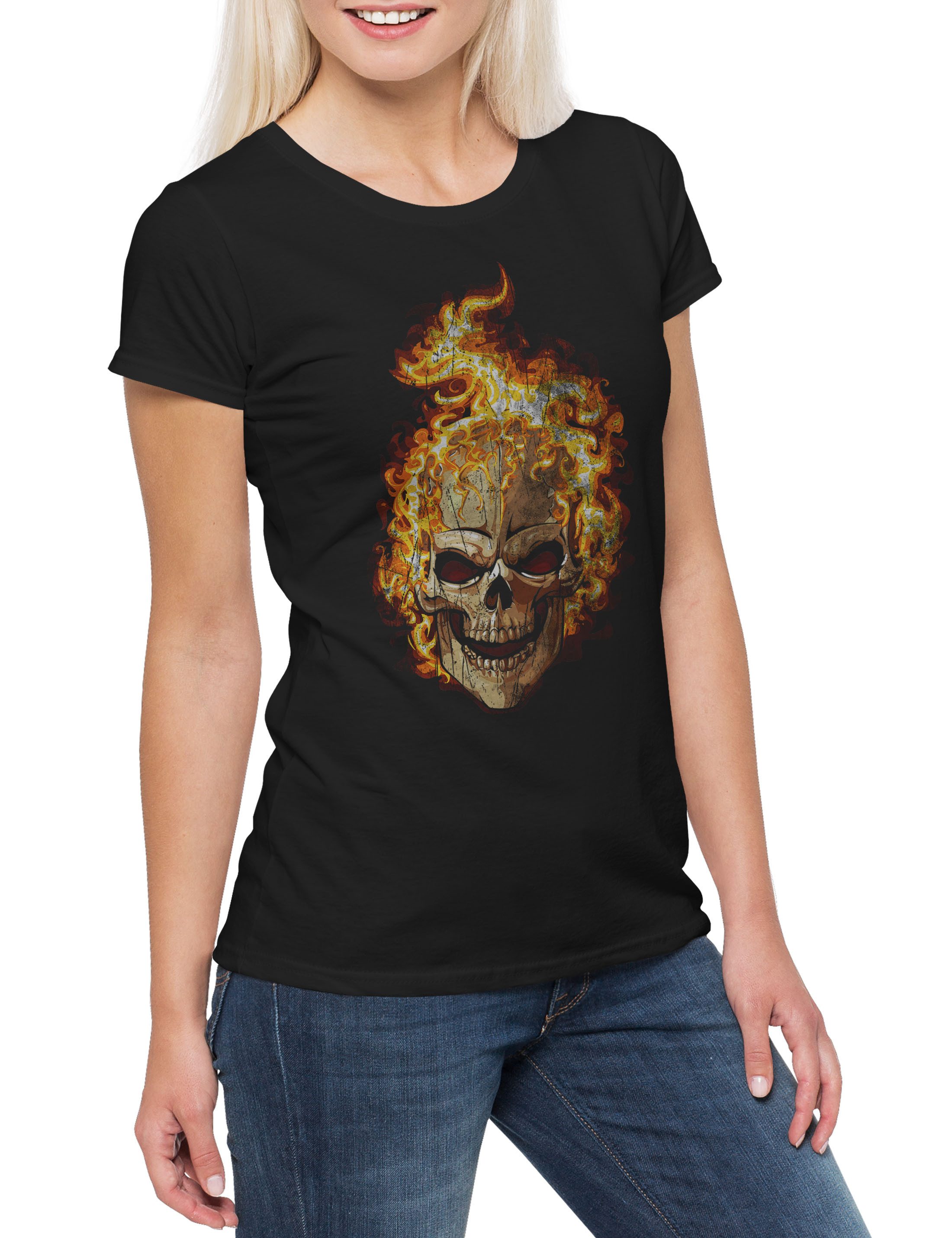 Print-Shirt Burning Skull II Damen T-Shirt Brennender Schädel Dead Totenschädel