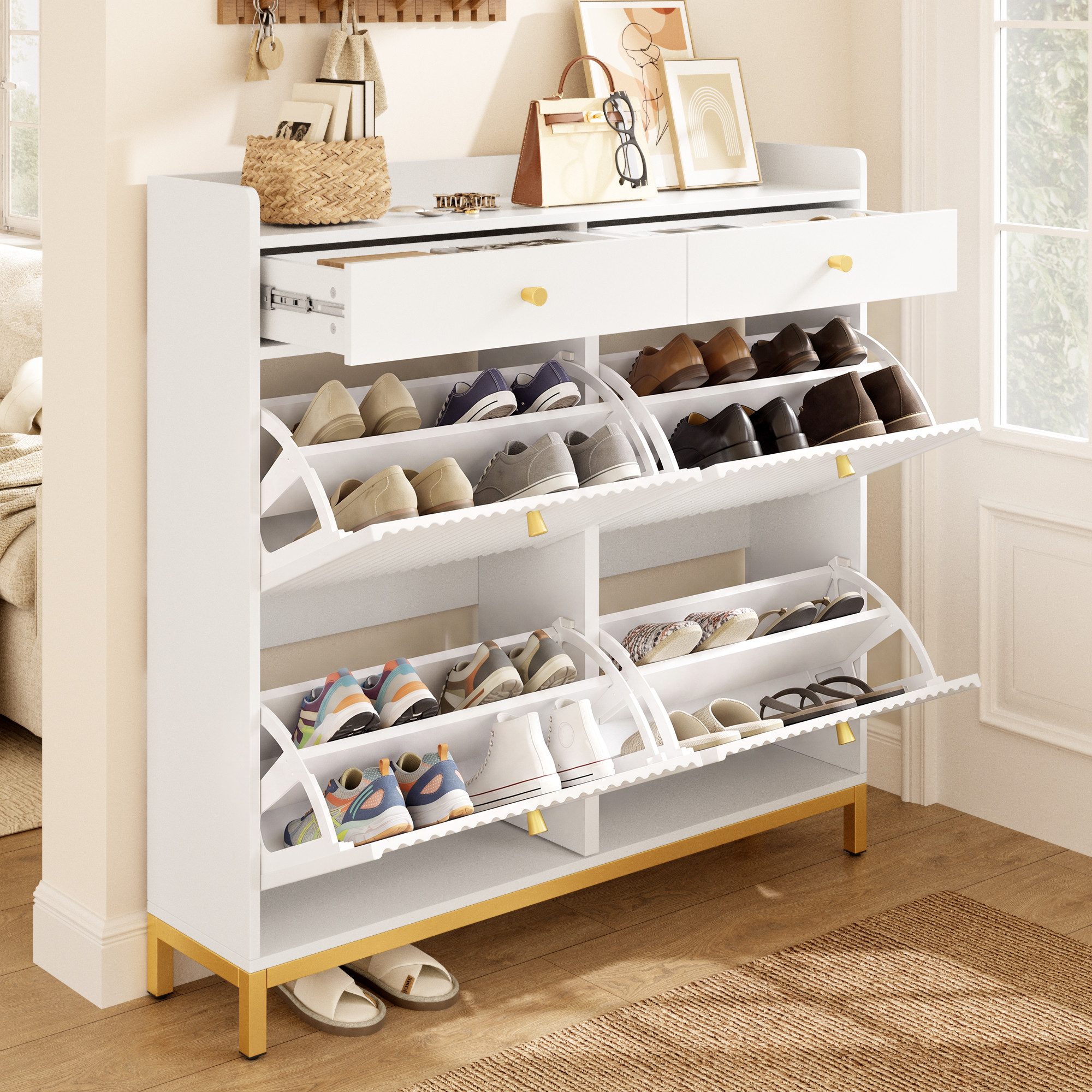 i@home Schuhkipper Schuhschrank, Schmal mit 4 Klapptüren und 2 Schubladen, geeignet für Flur und Schlafzimmer, Weiß, 106,5 x 25 x 107 cm