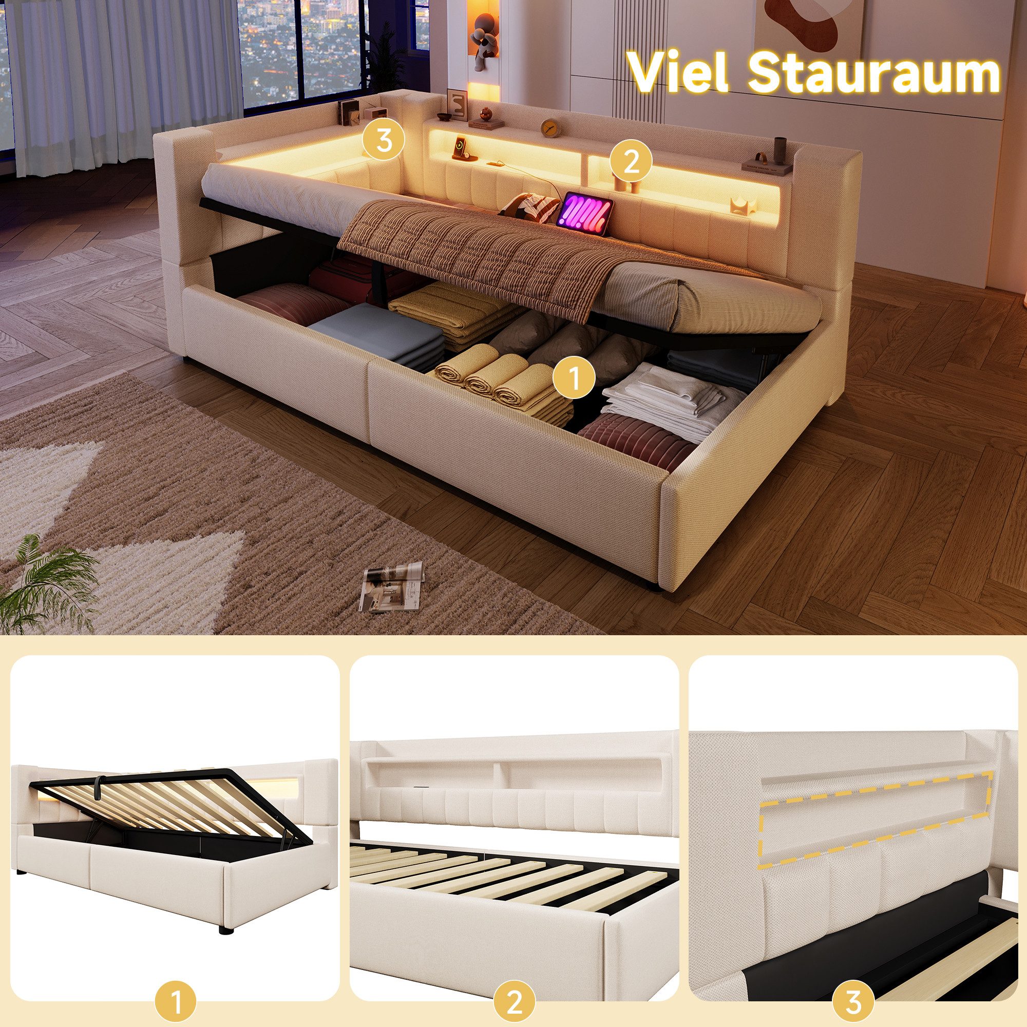 Merax Daybett 90x200cm mit LED-Beleuchtung und USB&Typ-C Ladefunktion (Jugendbett Einzelbett Sofabett, 1 tlg), Tagesbett mit hydraulischem Stauraum & Staufächer – Bild 5 von 5