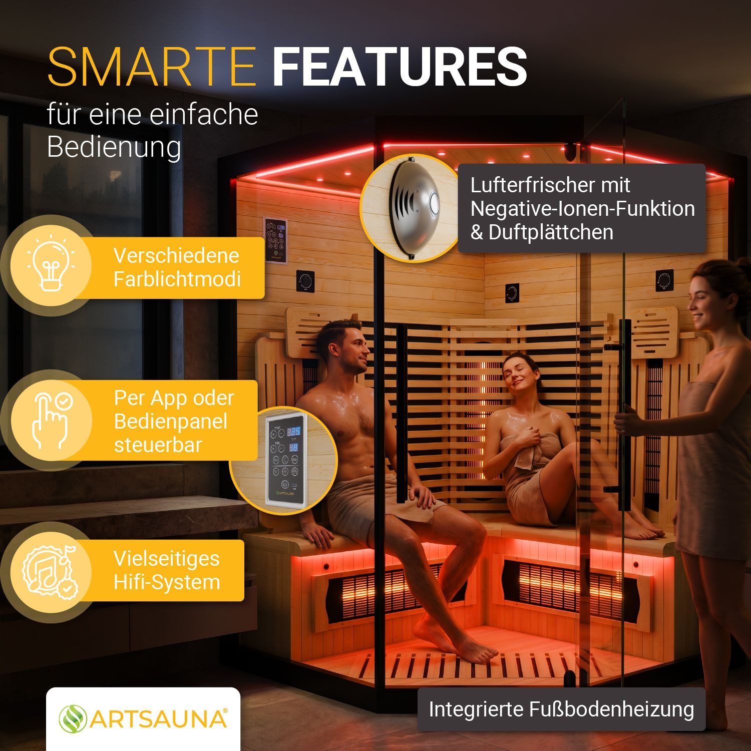 Artsauna Infrarotkabine Malmö140, BxTxH: 140 x 140 x 190 cm, Dual-Technik, Dimmbare Rückenstrahler, 3 Personen, LED-Beleuchtung