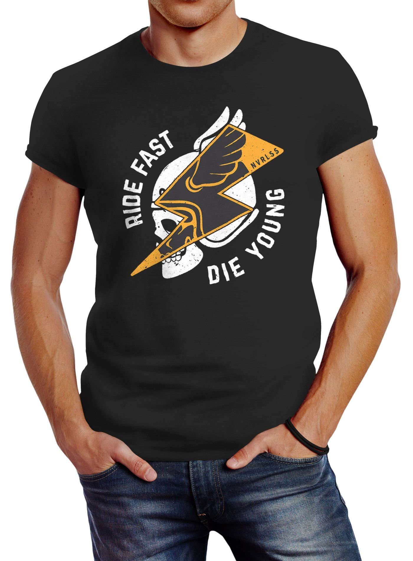 Neverless Print-Shirt Herren T-Shirt Rocker Biker Motiv Spruch Ride Fast Die Young Flash Blitz Skull Helm Slim Fit Neverless® mit Print schwarz