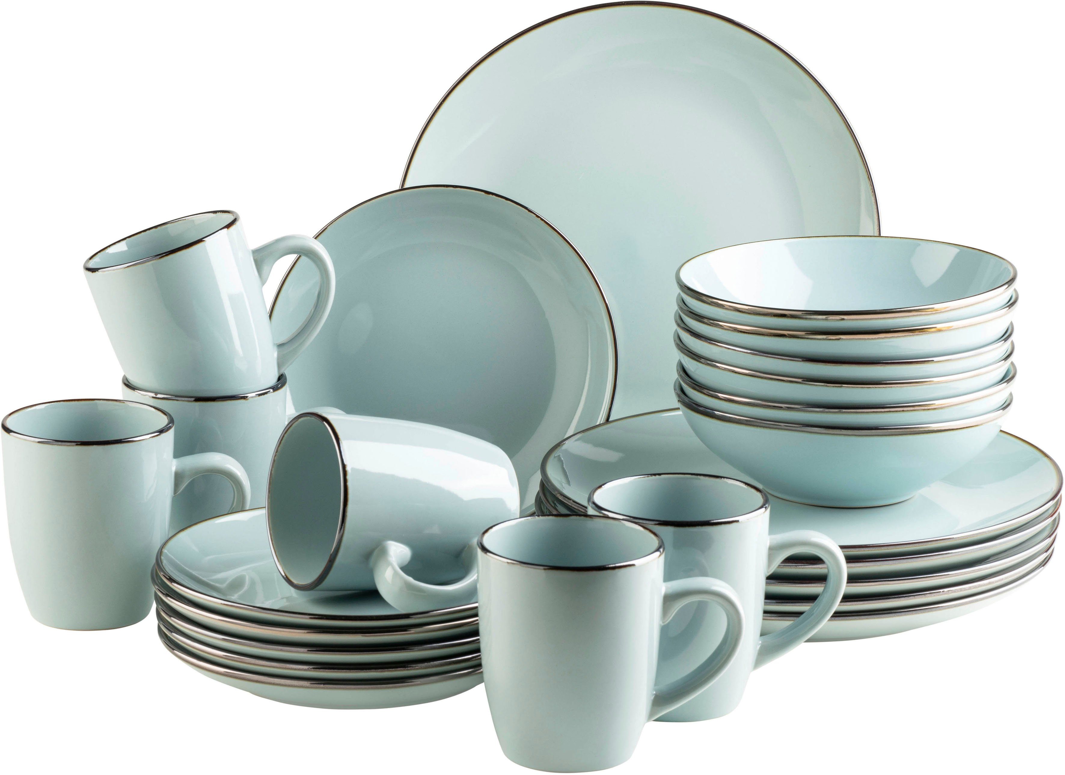 MÄSER Kombiservice Geschirr-Set, Service Metallic Rim (24-tlg), 6 Personen, Steinzeug, messingfarben schimernden Umrandung, 24 Teile, für 6 Personen
