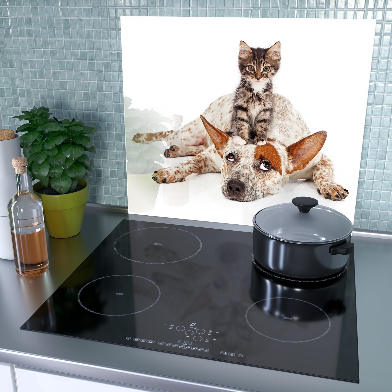Primedeco Herd-Abdeckplatte aus (1 tlg) Glas, Glas Katze Hund, auf sitzt Spritzschutz Herdabdeckplatte