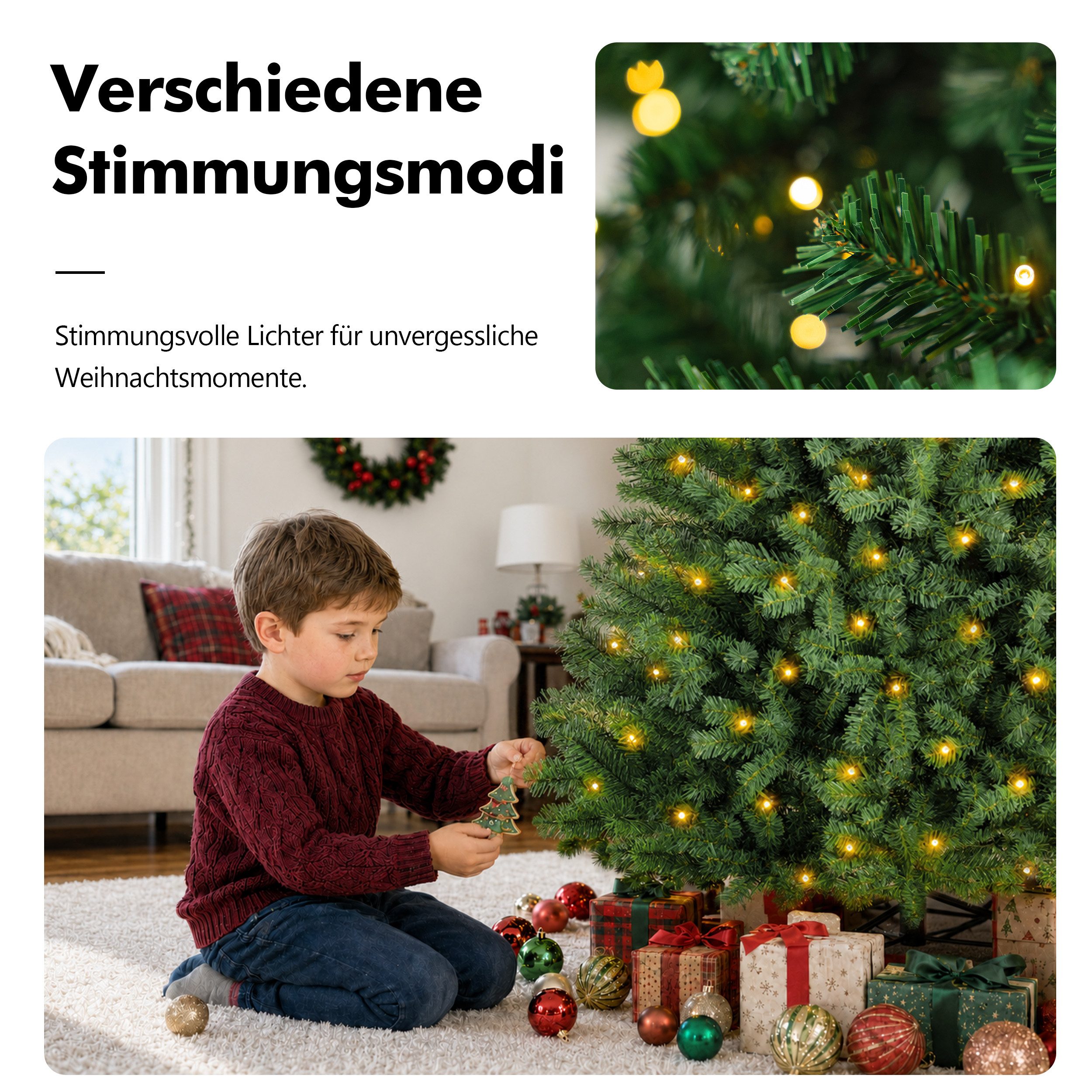 Vankel Künstlicher Weihnachtsbaum beleuchteter Tannenbaum in Grün, Metallständer und formbare Zweige, Grüner Christbaum mit warmen Lichtakzenten in fünf Größen zur Wahl