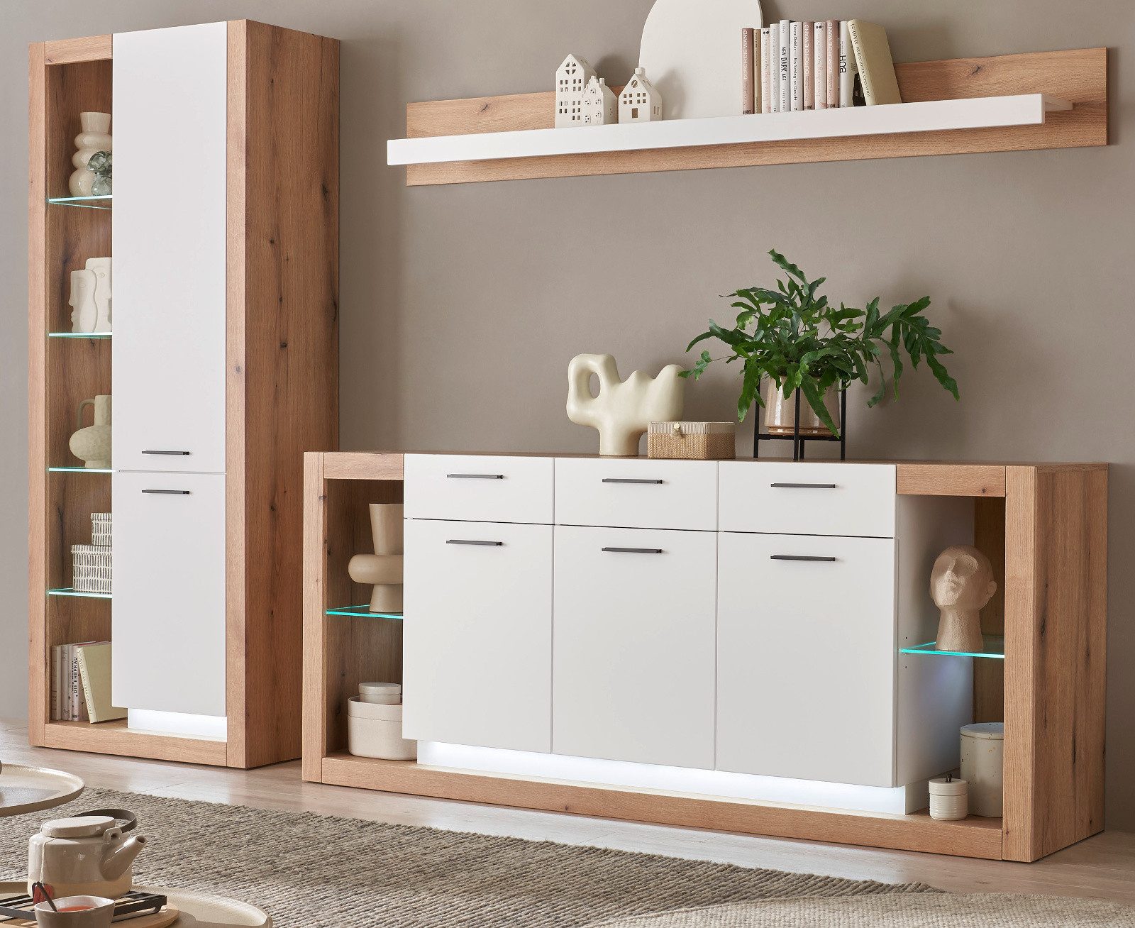 Furn.Design Wohnwand Rivian, (Wohnkombination in weiß matt und Evoke Eiche, günstig online kaufen