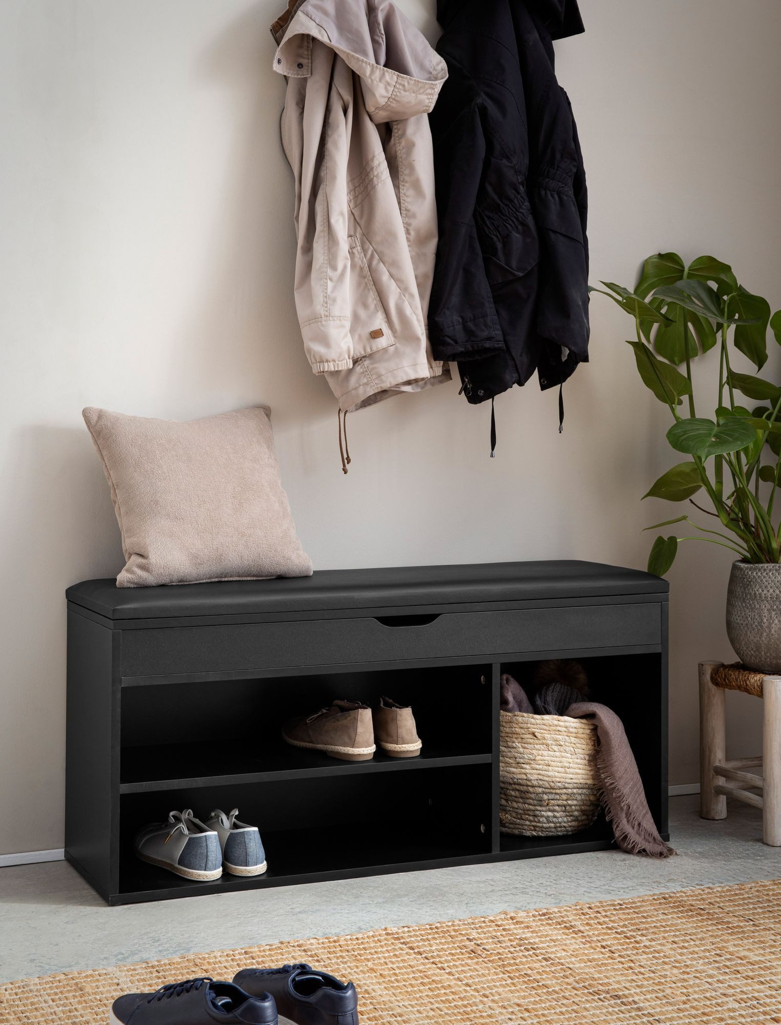 FINEBUY Schuhbank FB107189 Garderobenbank 104 cm Sitzbank Kunstleder Flurbank Schwarz (mit Sitzfläche Garderobenbank 104x51x32 cm Schwarz), Sitzbank Schmal Flur mit Stauraum, Truhenbank