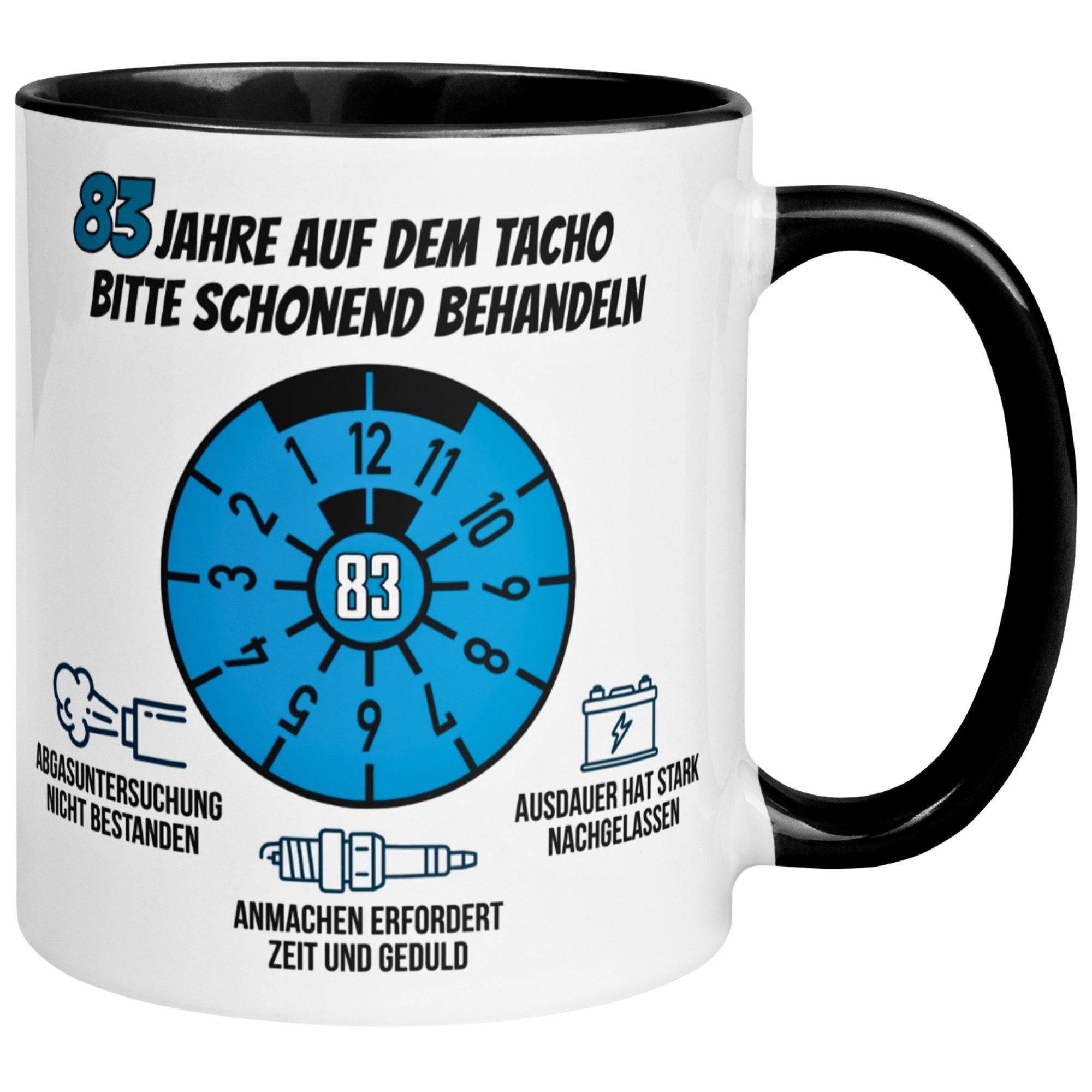 Momentals Tasse 83. Geburtstag Mann – „83 Jahre auf dem Tacho - Schonend Behandeln“, Gratis Versand · Links-&Rechtshänder · Spülmaschinenfest