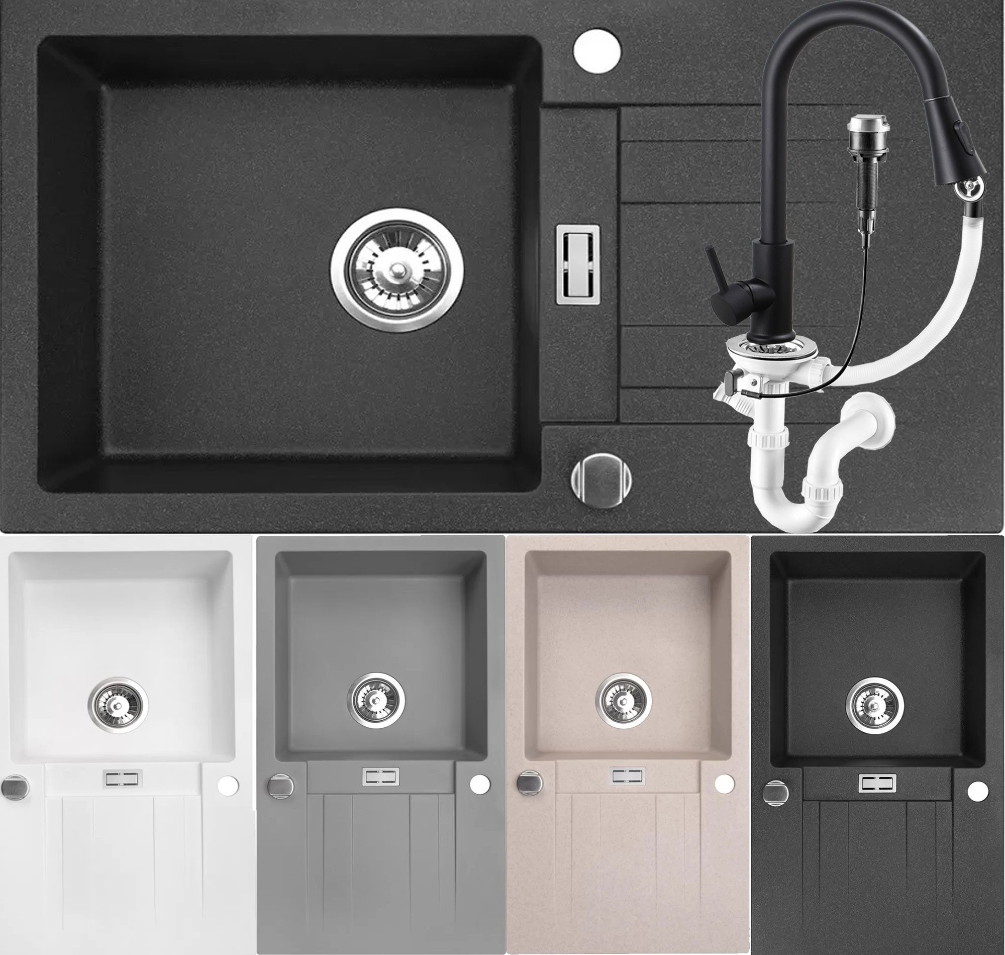 Homeline Granitspüle Granitspüle Londonn Schwarz Weiß Beige Grau Küchenspüle 76x44 cm, 76/44 cm, (Spar-Set, 3 St., Inklusive Wasserhahn und Ablaufgarnitur), Mehrere Farben
