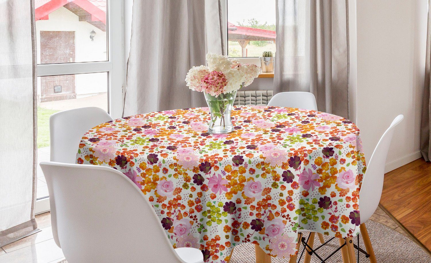 Abakuhaus Tischdecke Kreis Tischdecke Abdeckung für Esszimmer Küche Dekoration, Frühling Bunte Kunst Wiesenblumen