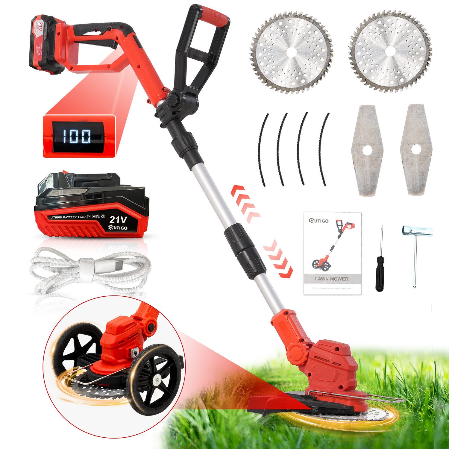 Akku-Rasentrimmer Akku-Rasentrimmer mit 4000mAh 21V Akku, Verstellbarer Teleskopstiel