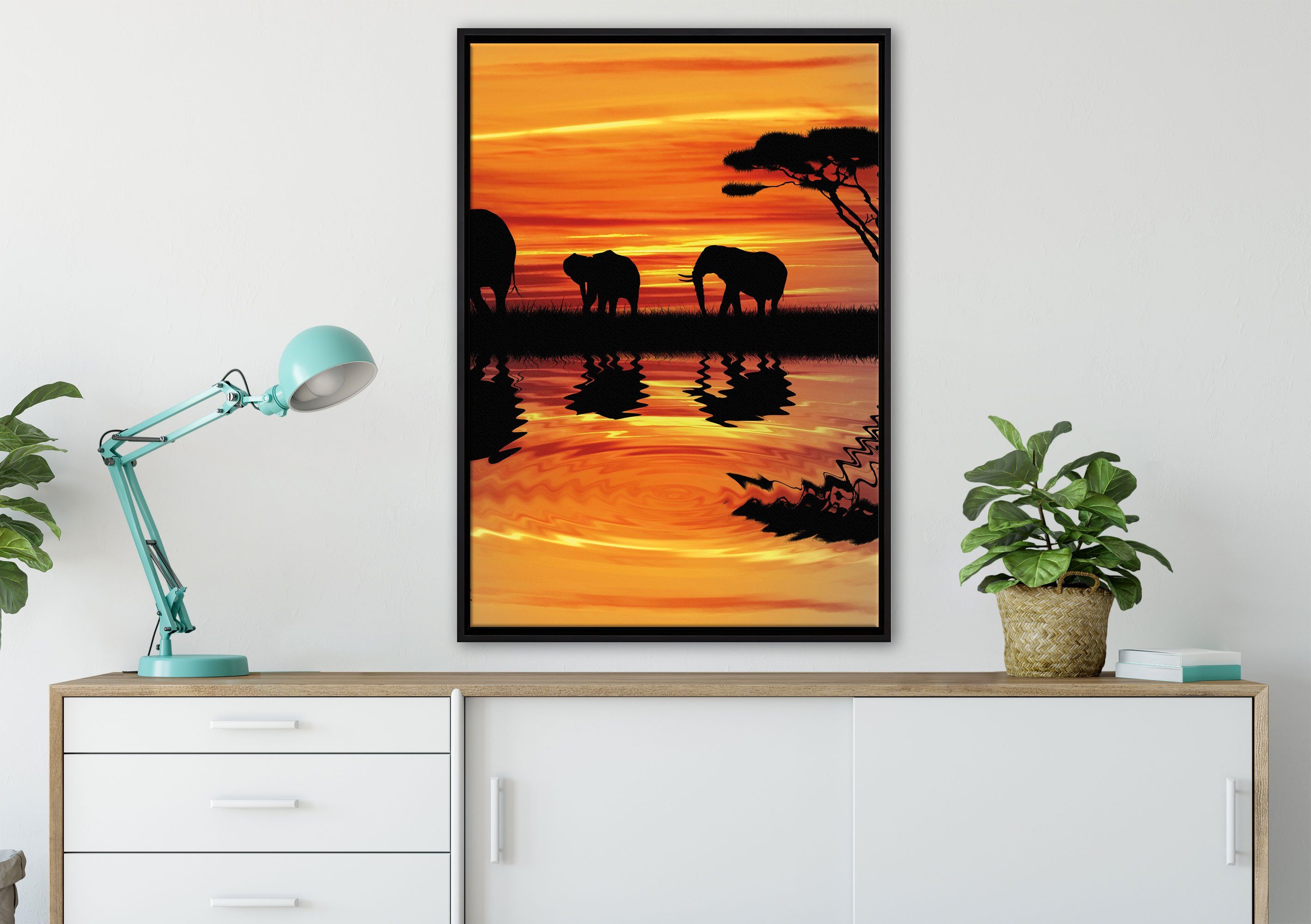 Elefant Afrika Wanddekoration Zackenaufhänger fertig (1 in Pixxprint Sonnenschein, in einem inkl. Schattenfugen-Bilderrahmen gefasst, St), Leinwandbild bespannt, Leinwandbild