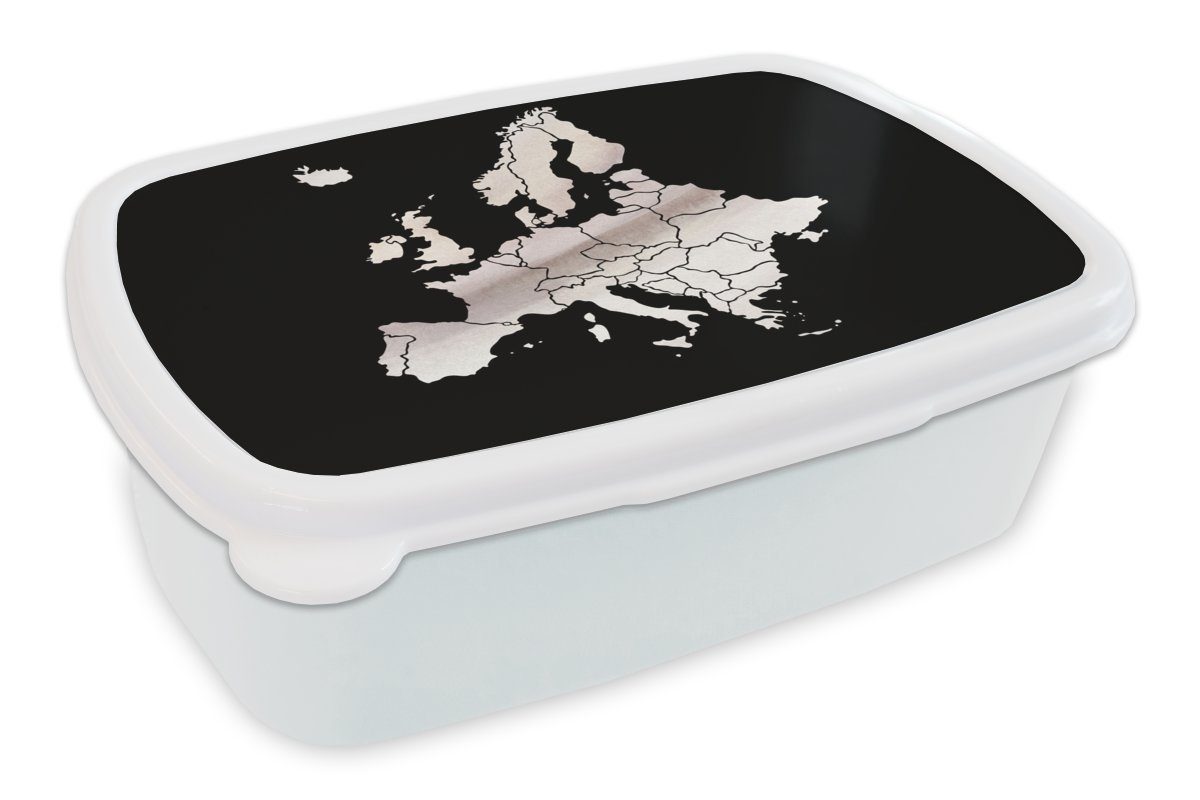 MuchoWow Lunchbox Karte - Europa - Weiß, Kunststoff, (2-tlg), Brotbox für Kinder und Erwachsene, Brotdose, für Jungs und Mädchen
