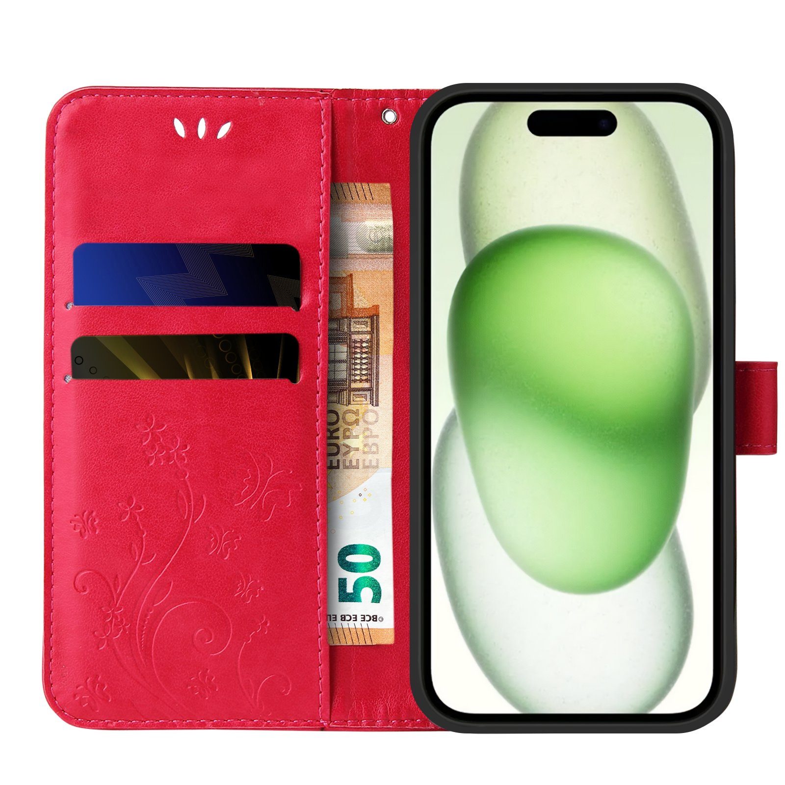 Tec-Expert Handyhülle Cover Tasche Hülle für Apple iPhone 15 6,1 Zoll, Klapphülle Case mit Kartenfach Fliphülle aufstellbar, Motiv Blumen